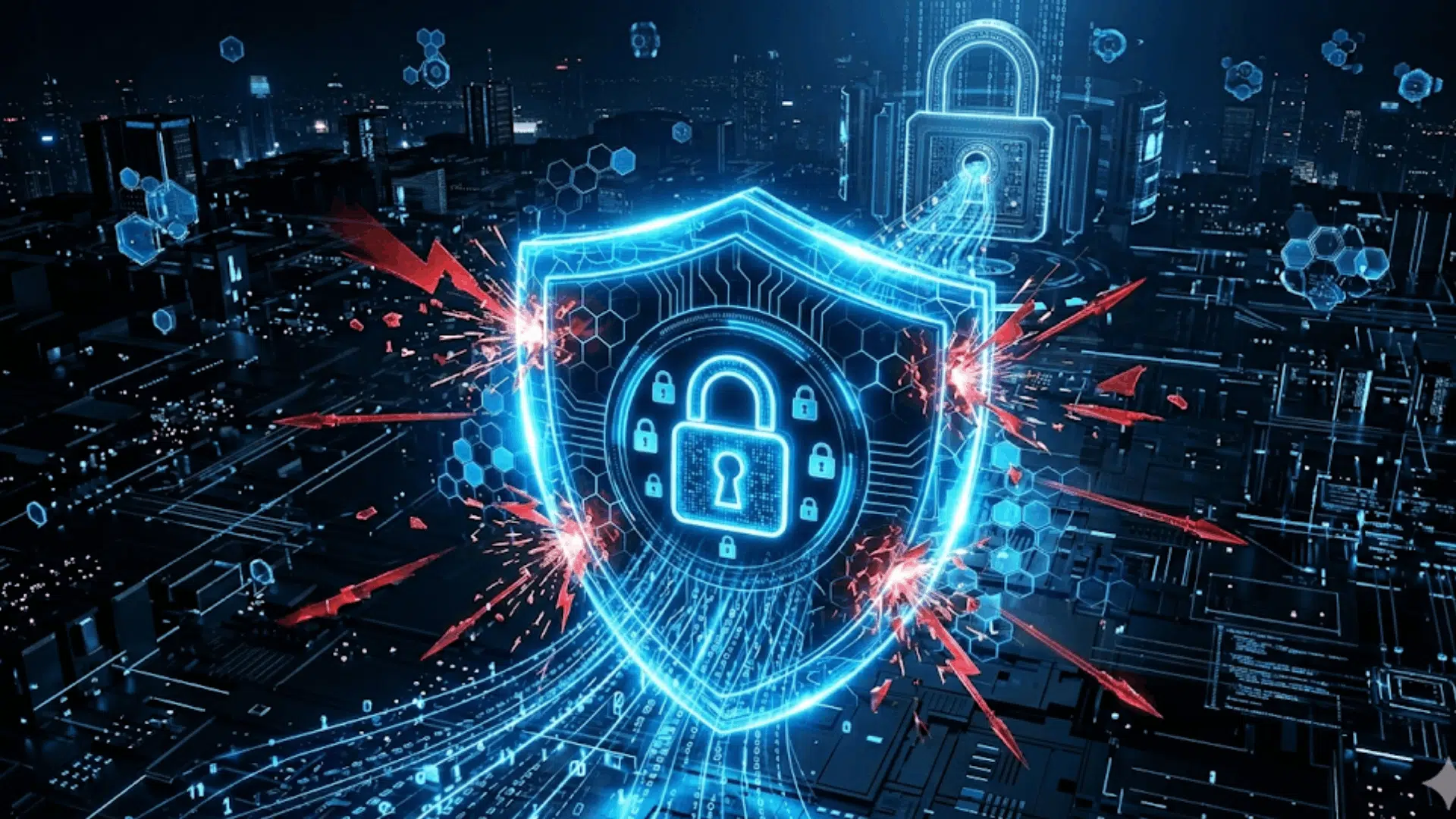 digital shield blocking cyber attacks over futuristic city network at night systems