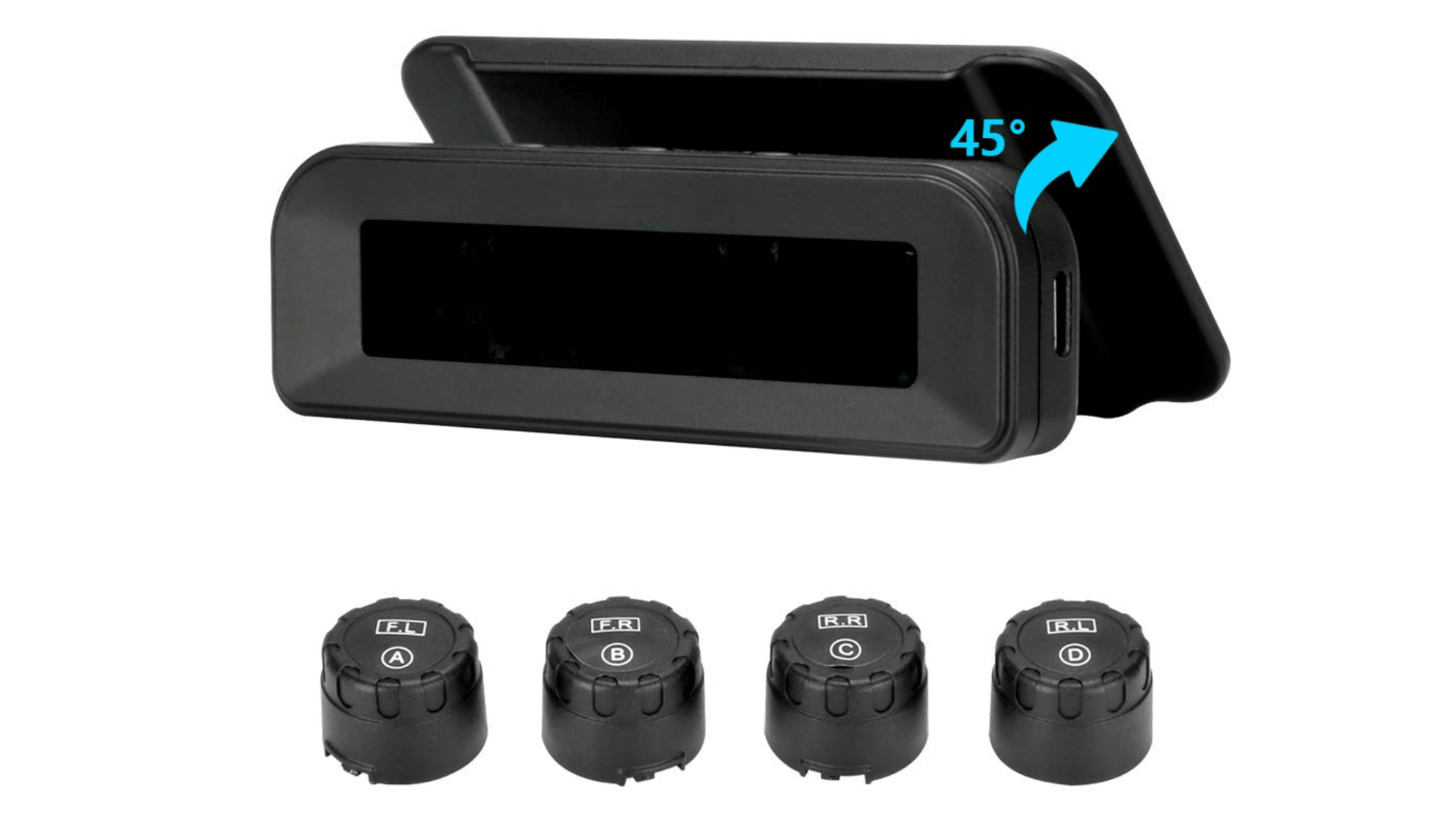 digital tire pressure monitoring display with four wireless sensors and adjustable angled screen on white background