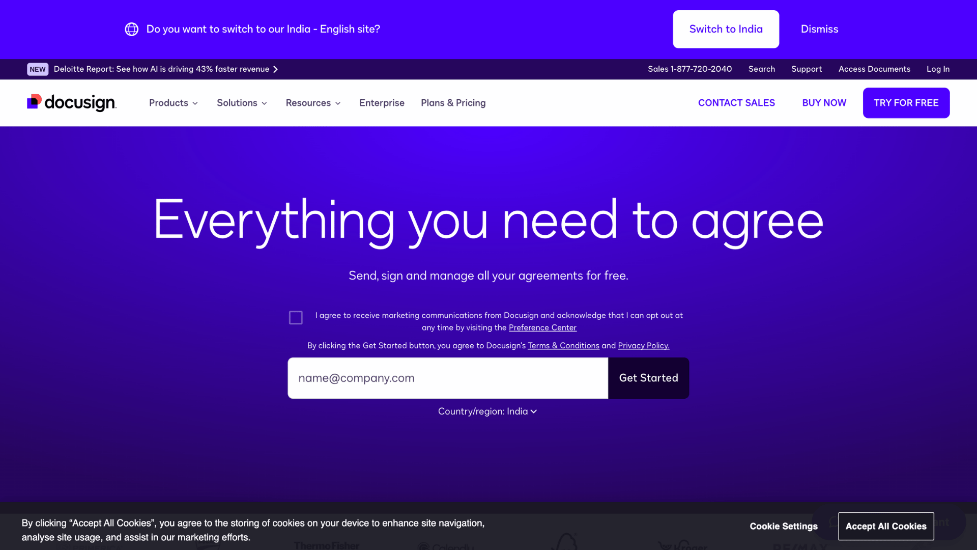 docusign homepage showing agreement platform with document tracking services esign features and get started signup form