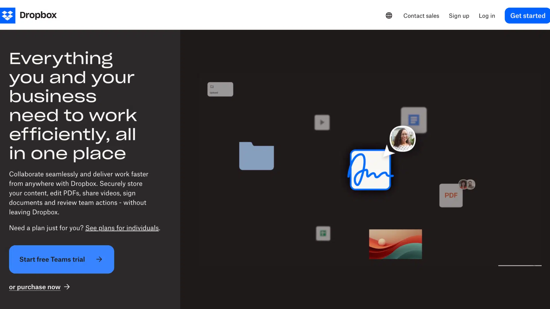 dropbox webpage highlighting business collaboration tools with icons for documents folders and digital signatures