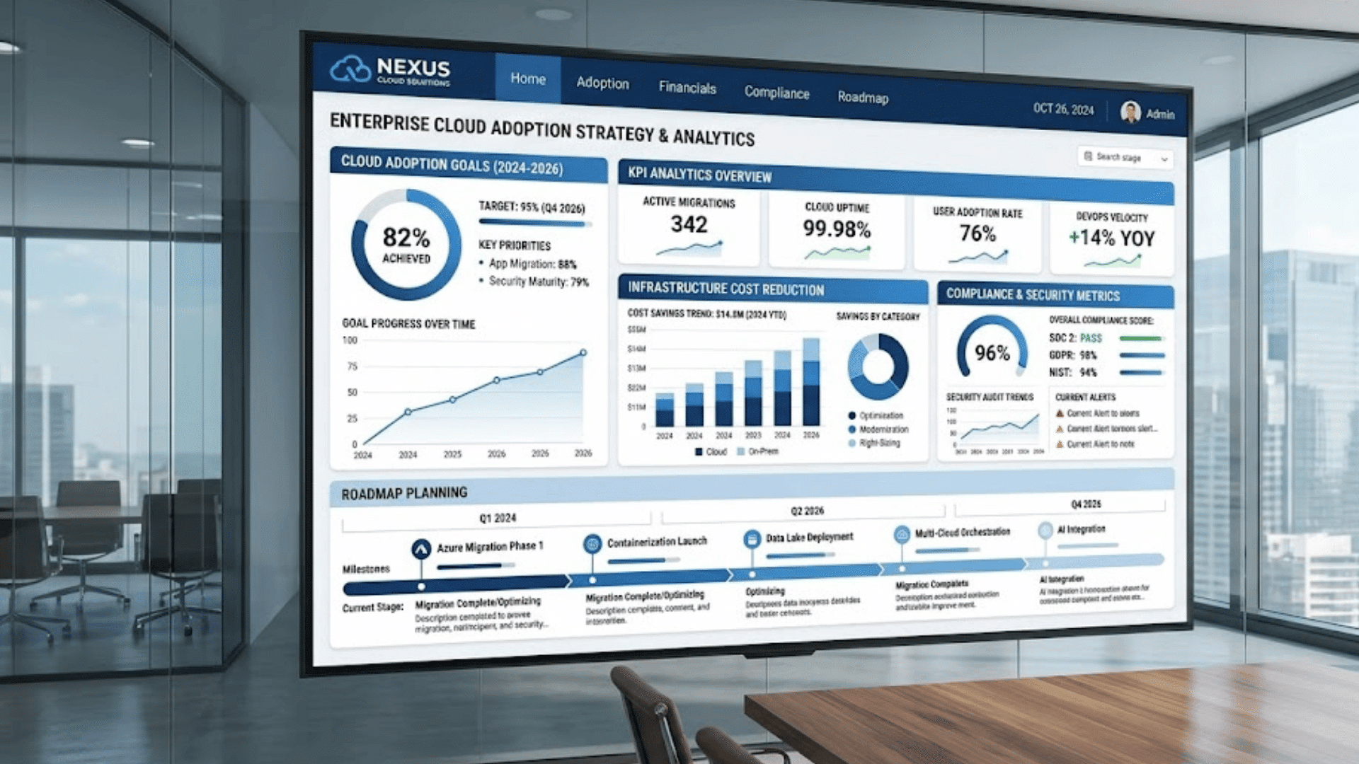 enterprise cloud adoption strategy dashboard displayed in modern office meeting room