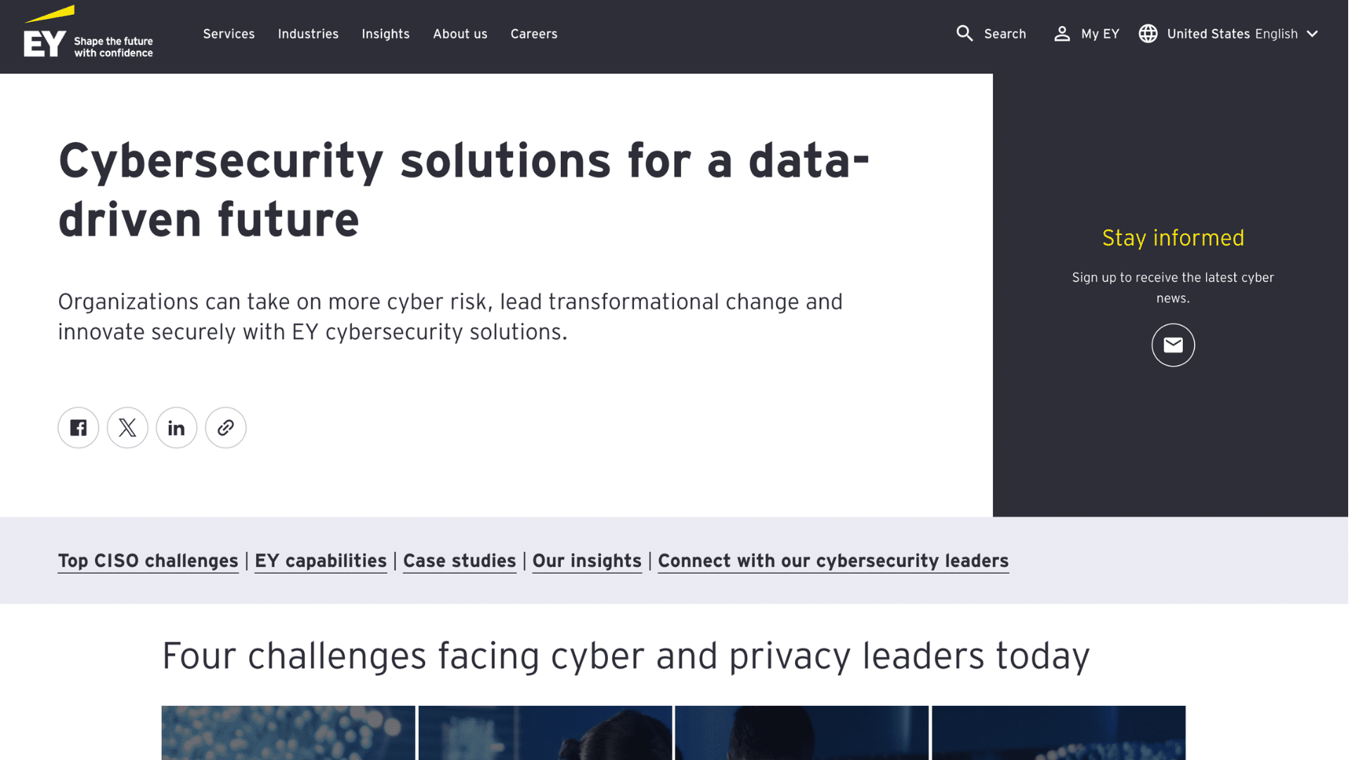ey cybersecurity solutions webpage promoting secure digital transformation and cyber risk management services for businesses