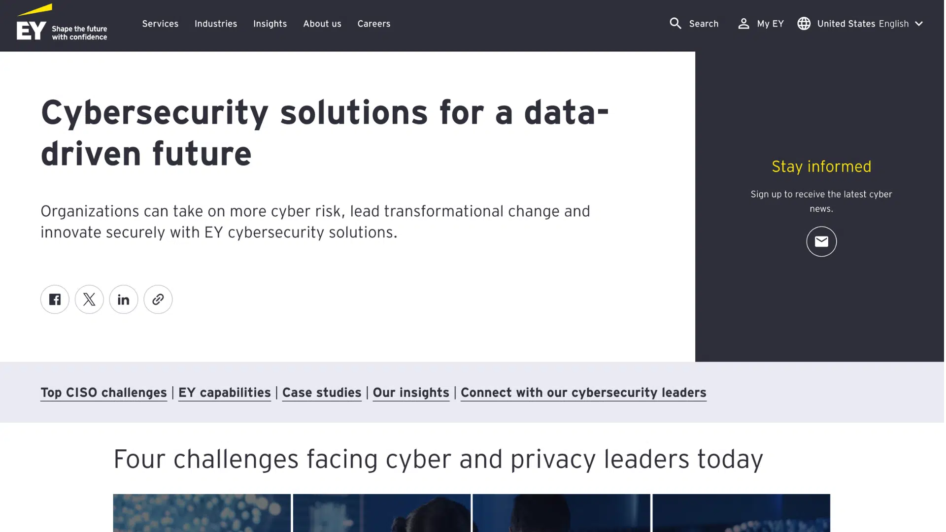 ey cybersecurity solutions webpage promoting secure digital transformation and cyber risk management services for businesses