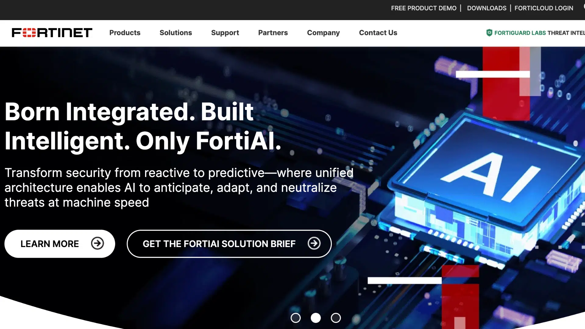 fortinet homepage banner showing fortiai cybersecurity platform with glowing ai chip graphics and security solution buttons