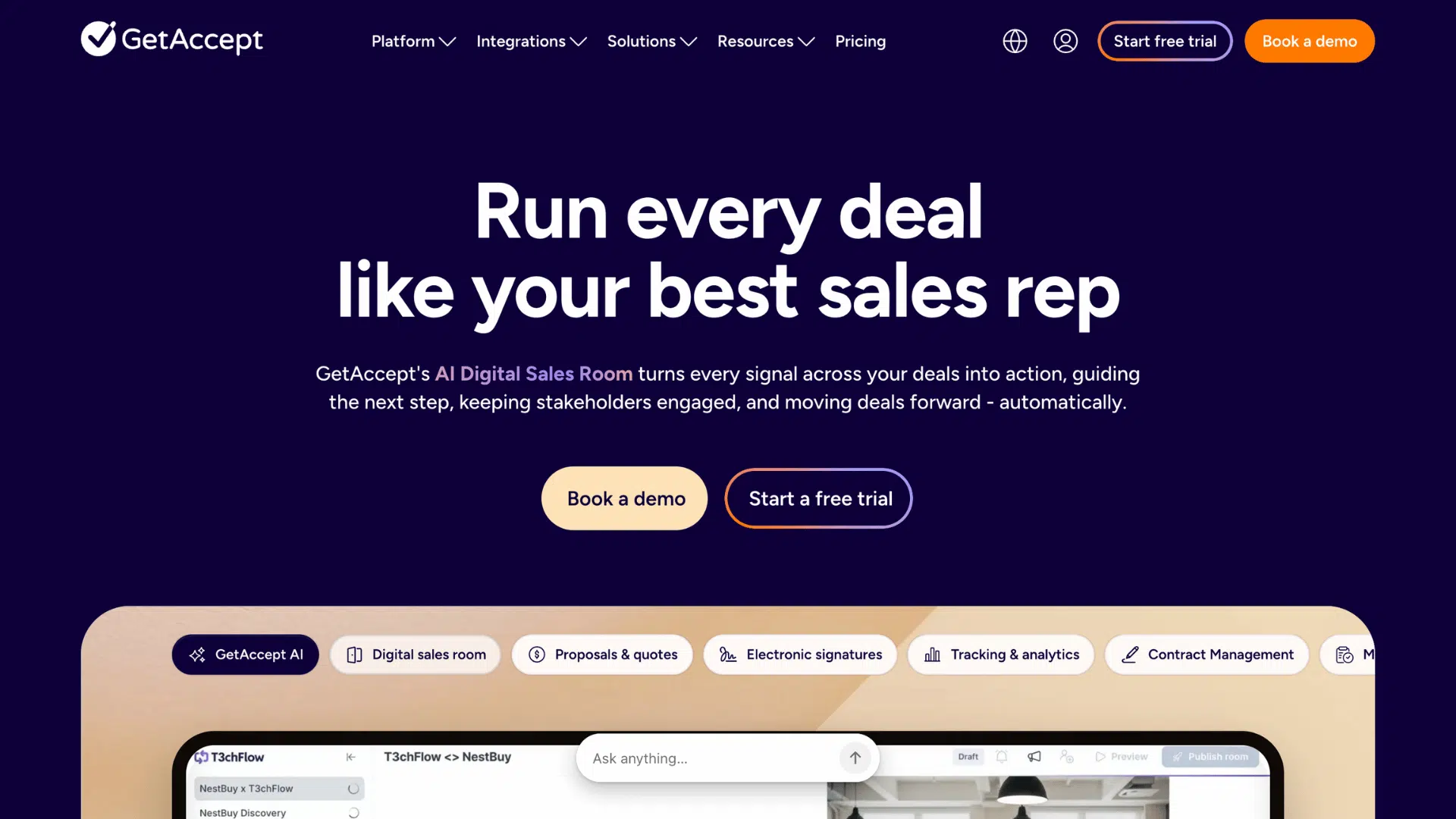 getaccept homepage showing digital sales platform with document tracking services proposals esign and analytics features buttons