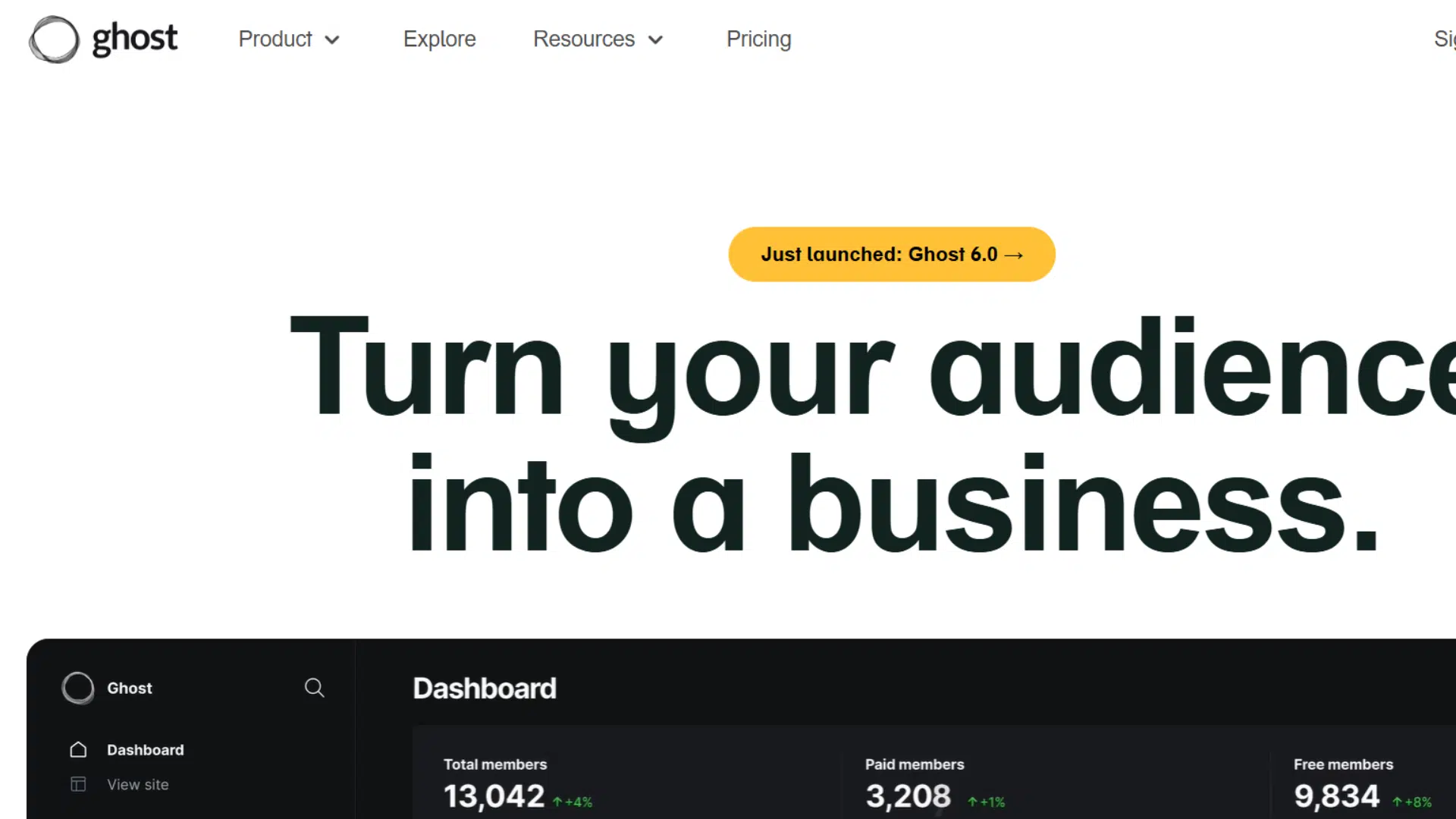 ghost homepage with bold business headline and dark dashboard showing member stats and signup activity panels