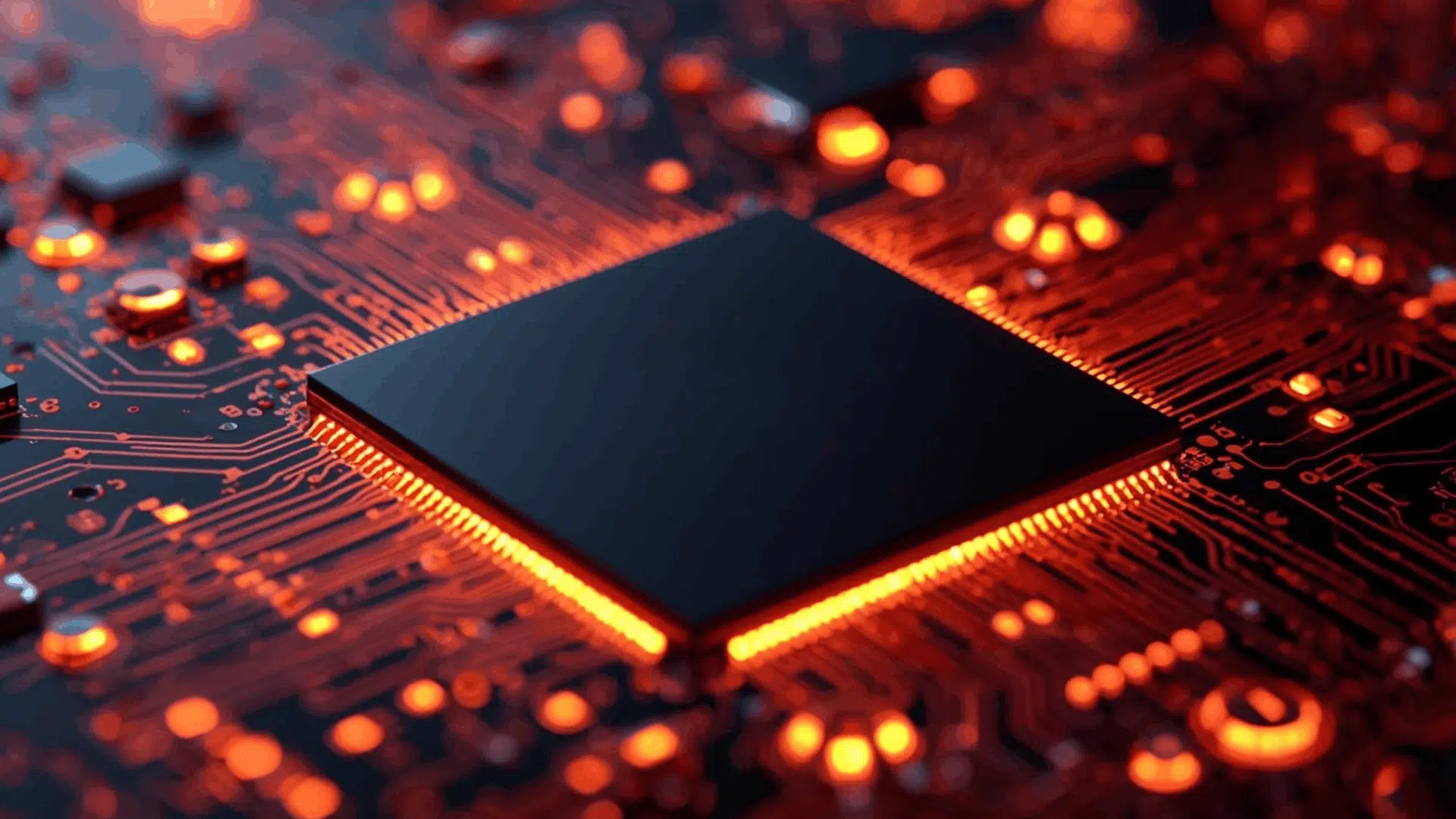 glowing microchip on circuit board with bright orange lights representing advanced silicon photonics technology (1)