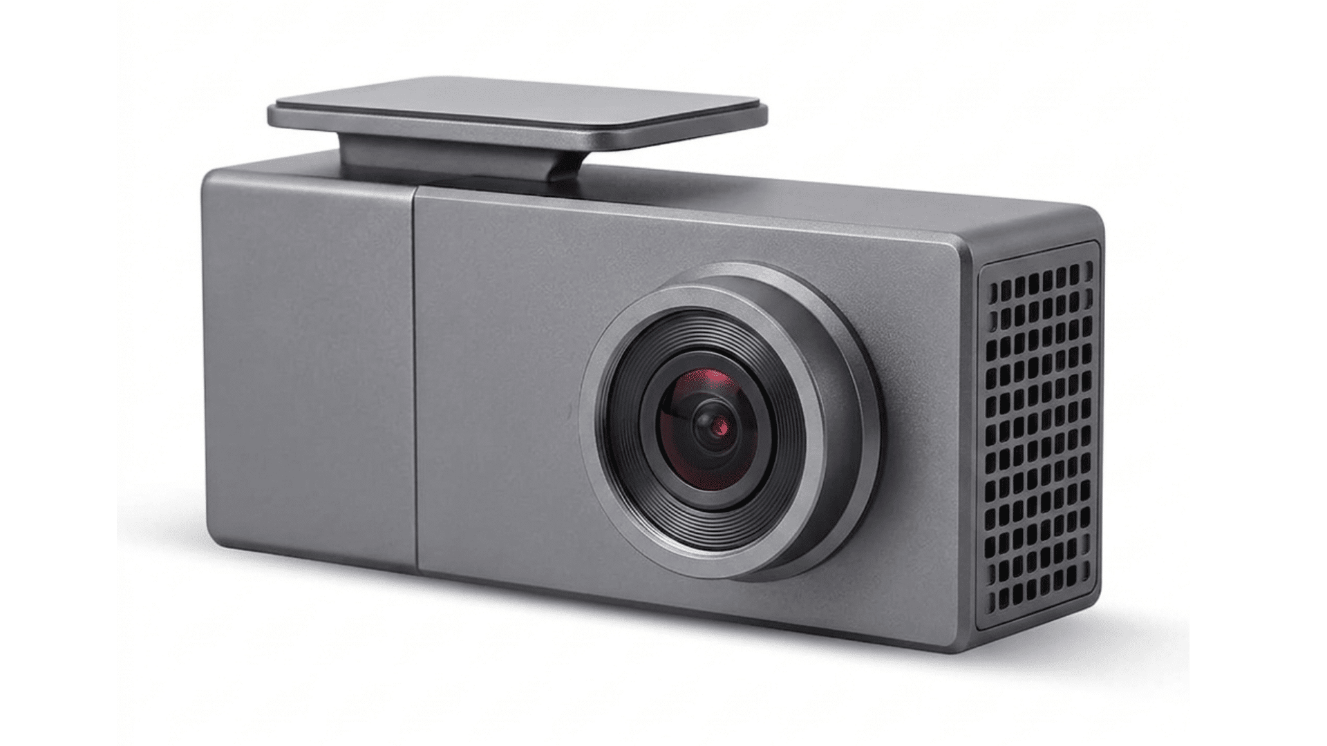 gray dash cam front camera lens and top-mounted stand displayed on a white background