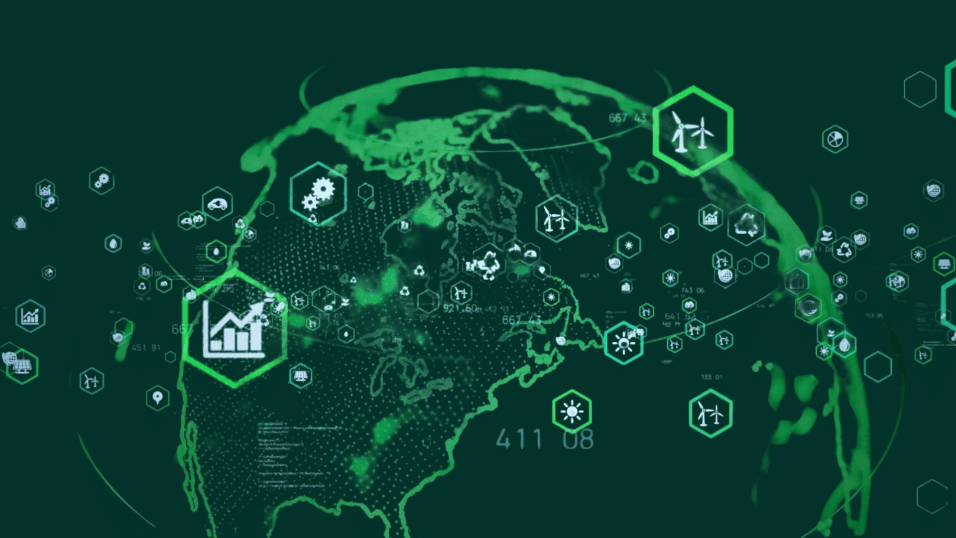 green digital globe with renewable energy icons showing global sustainability and clean technology network