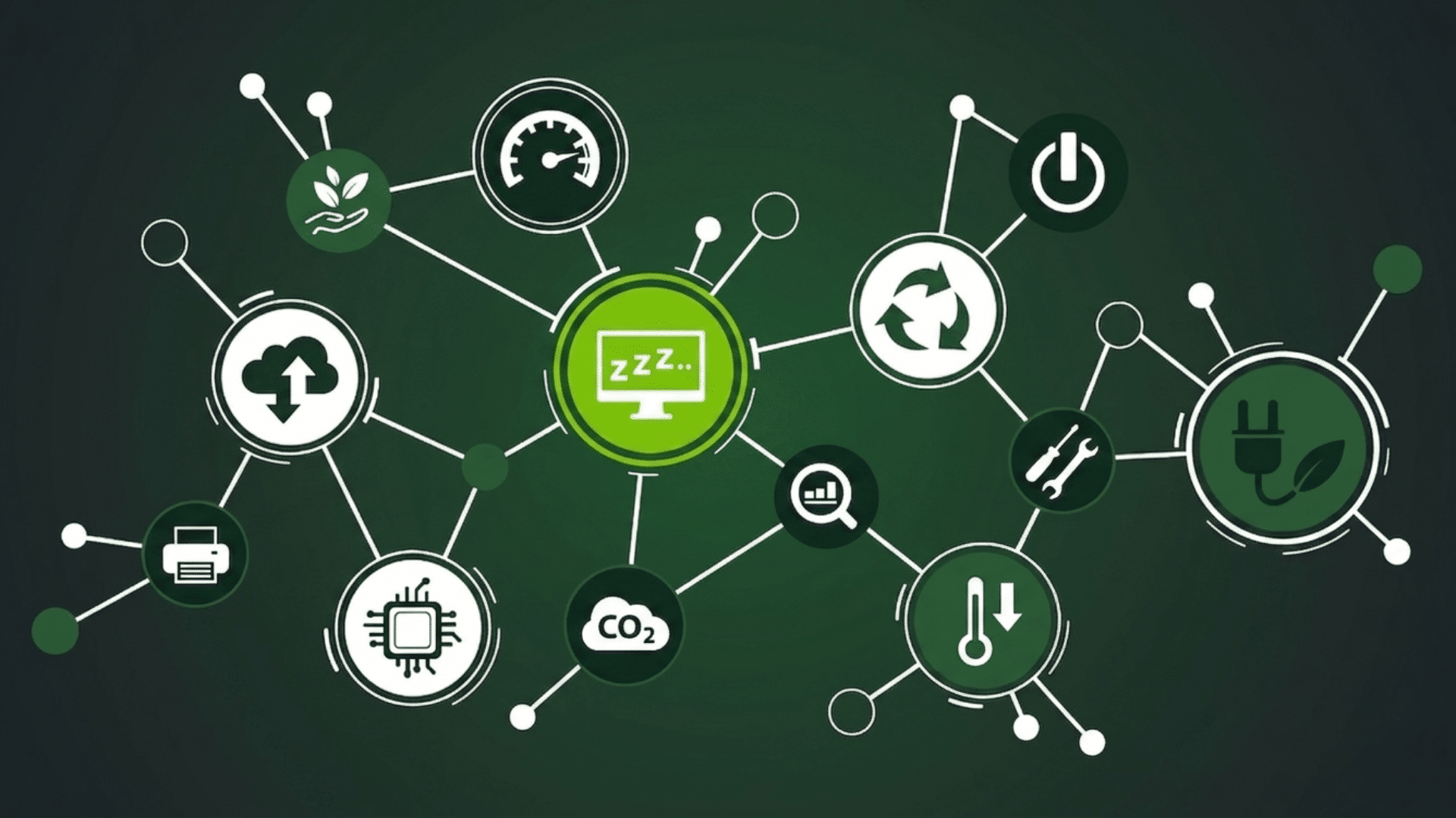green technology network with eco icons showing energy saving cloud systems and sustainable digital solutions