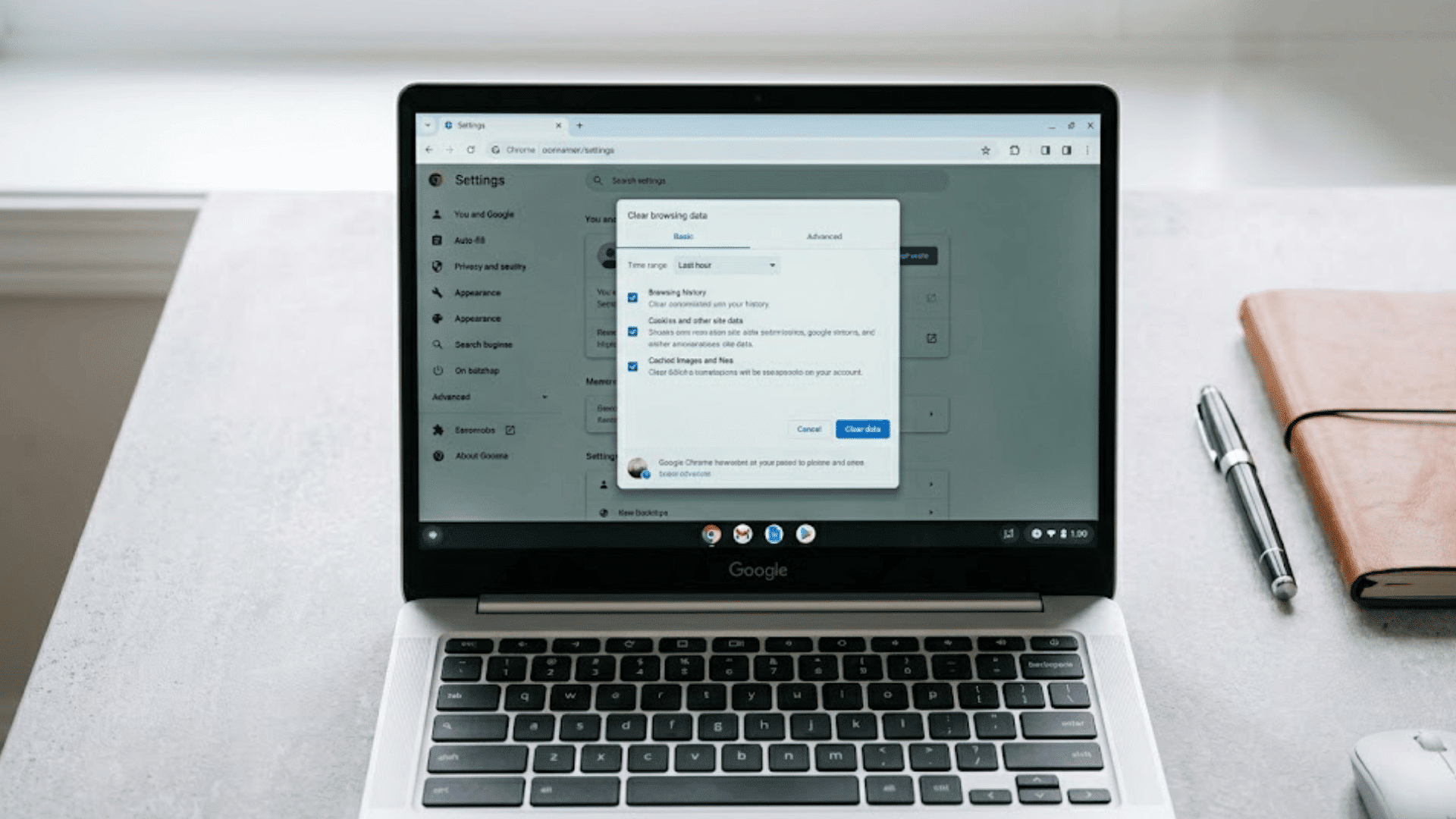 how to clear cache on chromebook shown on laptop settings screen