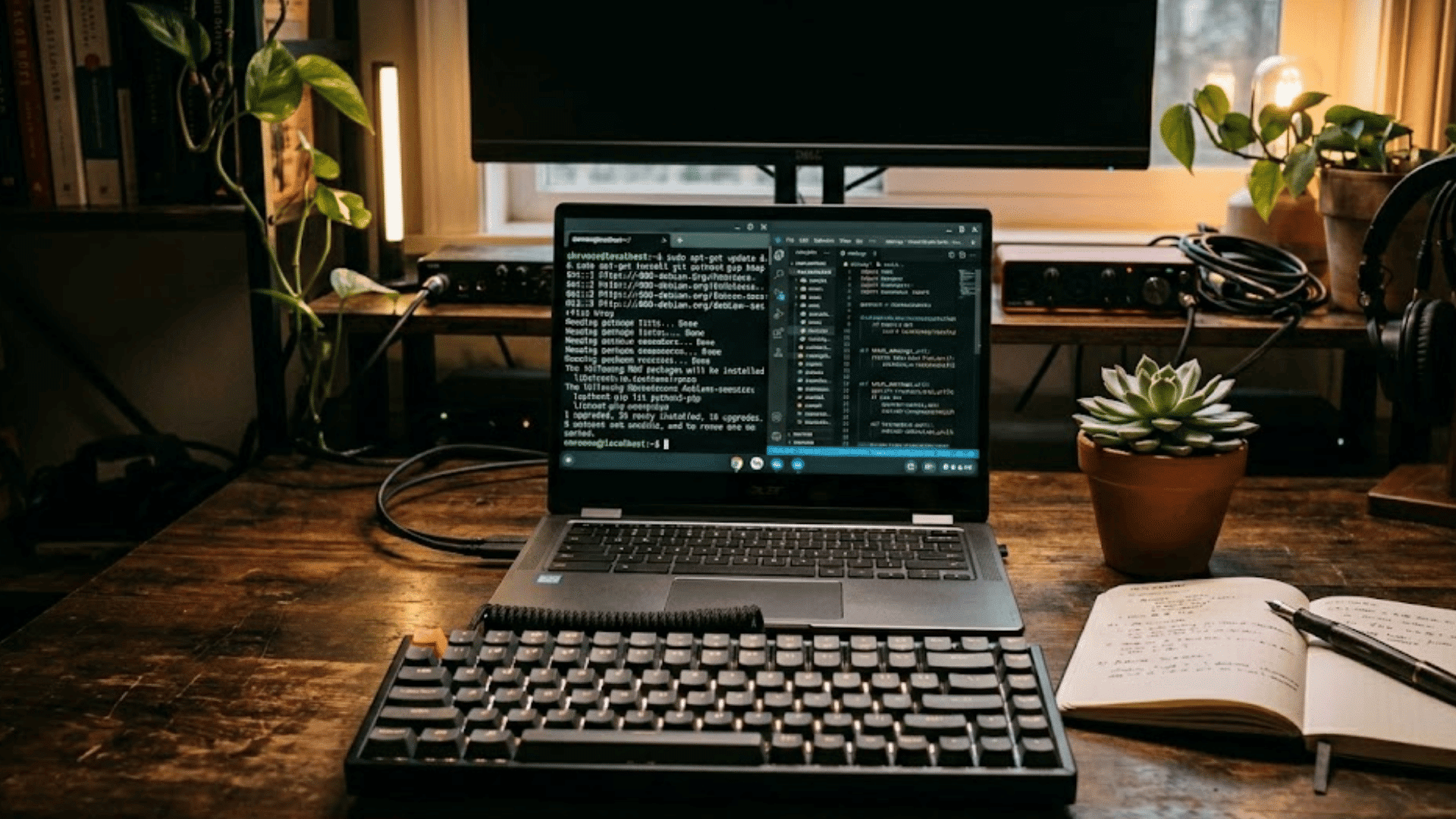 how to install linux on a chromebook with coding workspace and terminal open