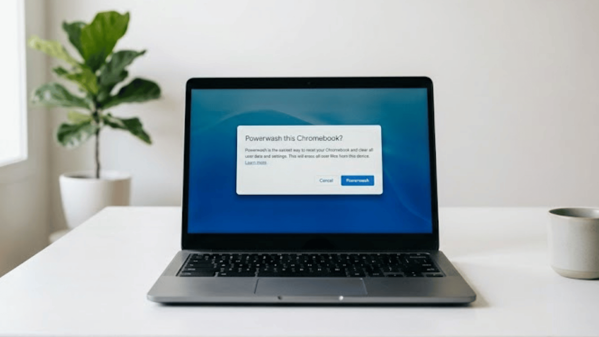 how to reset a chromebook with powerwash screen open on clean desk setup