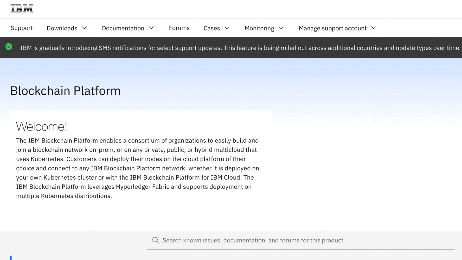 ibm blockchain platform page showing enterprise blockchain services and hyperledger fabric support