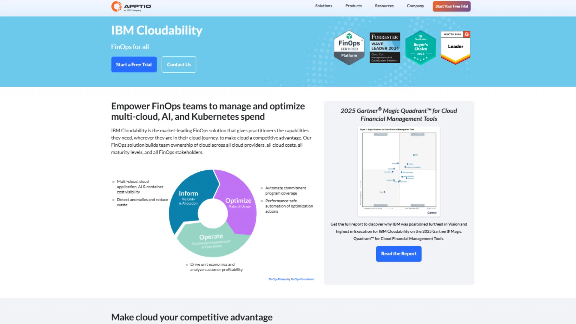 ibm cloudability page showing finops tools for multicloud ai and kubernetes cost management