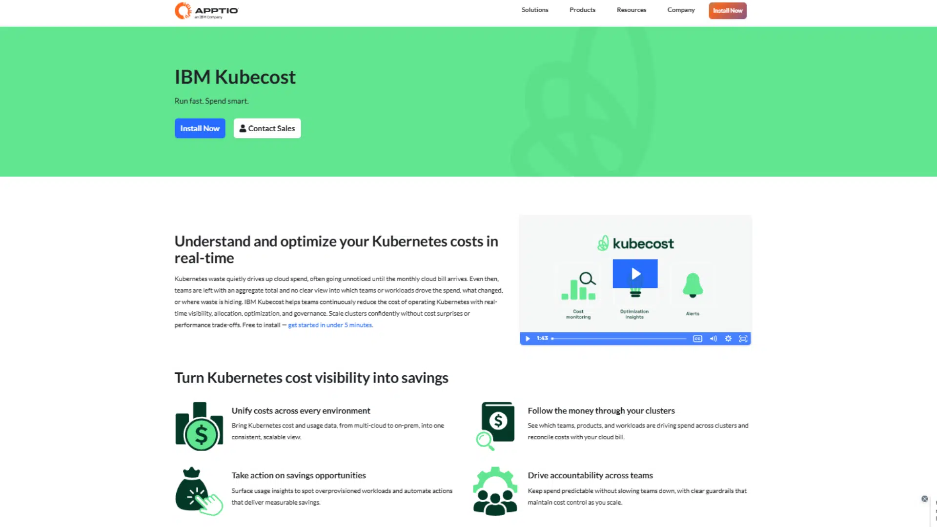 ibm kubecost page showing kubernetes cost optimization tools with savings and monitoring features
