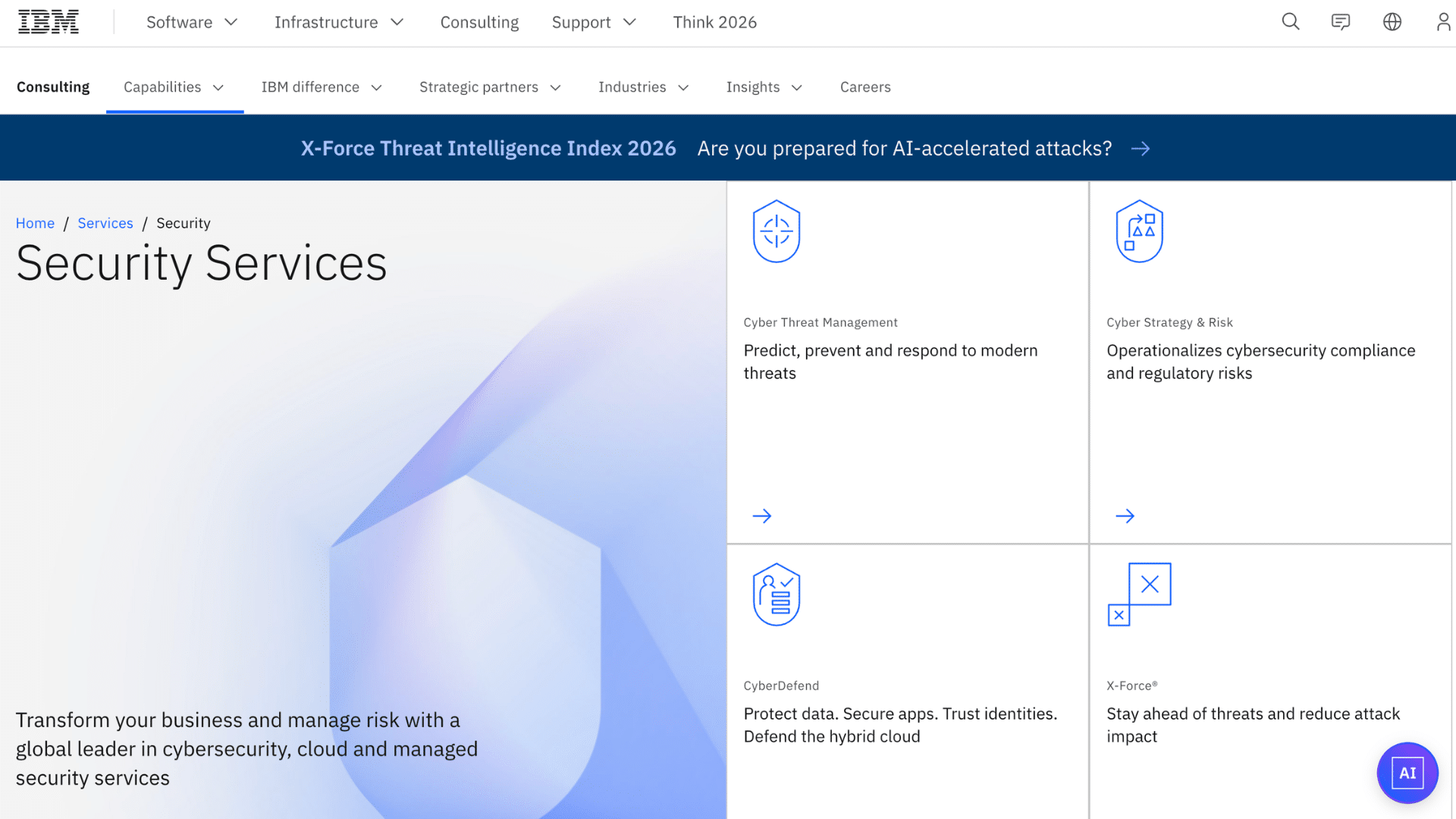 ibm security services webpage showing cybersecurity risk management solutions with blue shield graphics and service categories