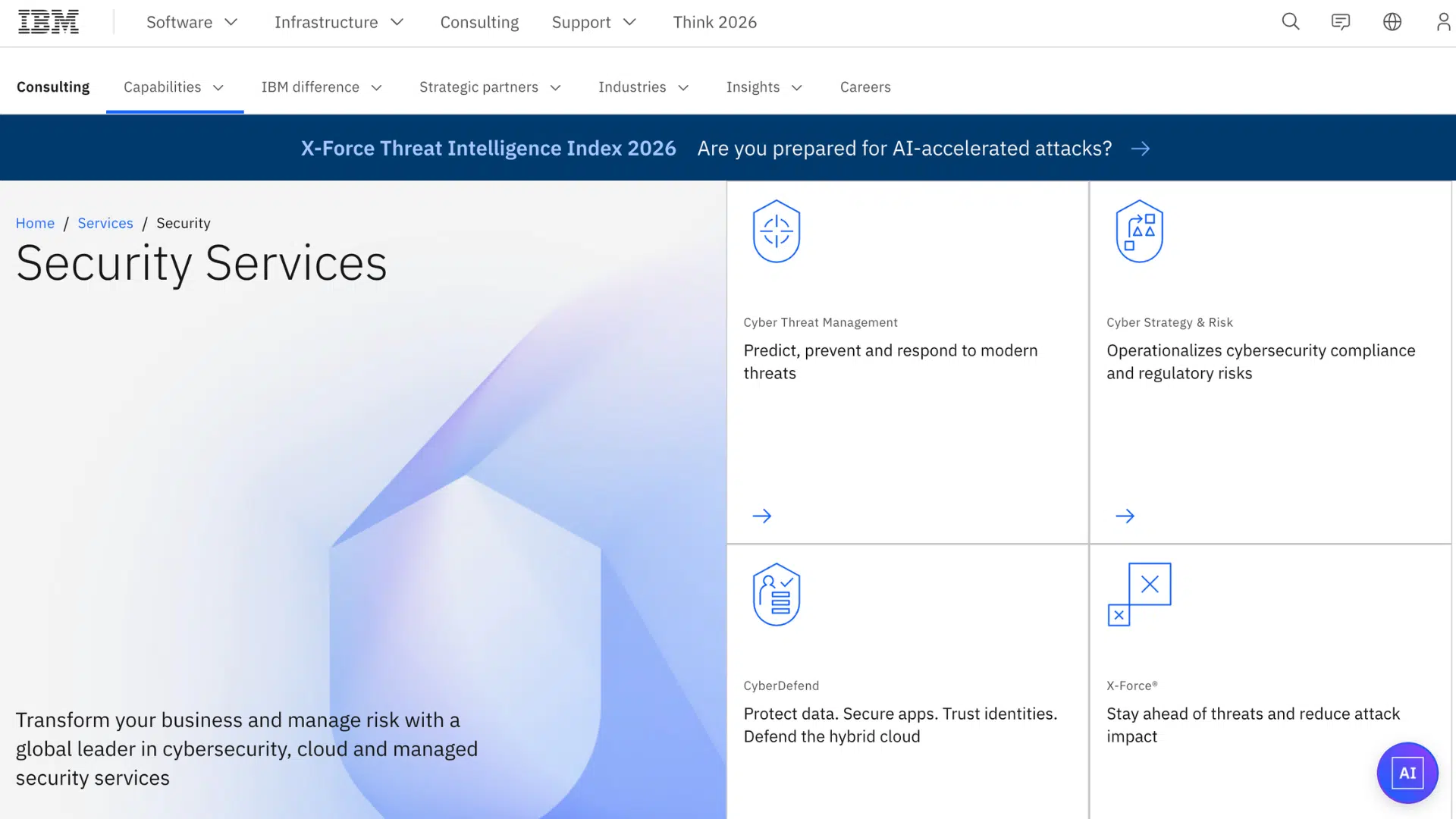ibm security services webpage showing cybersecurity risk management solutions with blue shield graphics and service categories