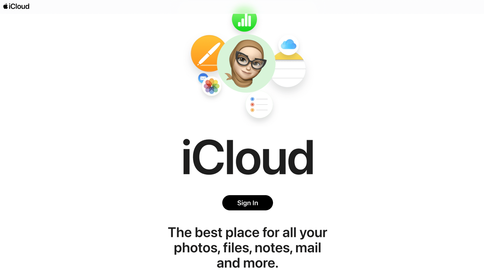 icloud landing page featuring a memoji avatar surrounded by icons for photos mail notes and other apple services