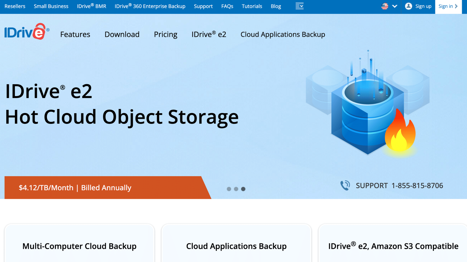 _idrive webpage showcasing hot cloud object storage with backup solutions for computers and cloud applications