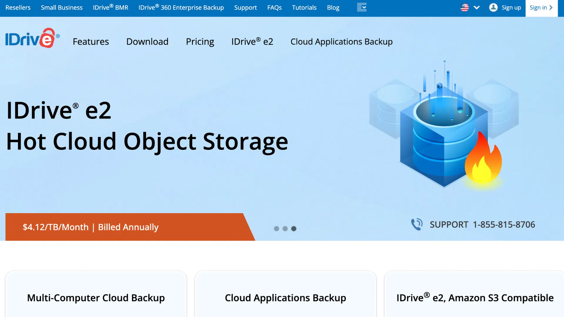 _idrive webpage showcasing hot cloud object storage with backup solutions for computers and cloud applications