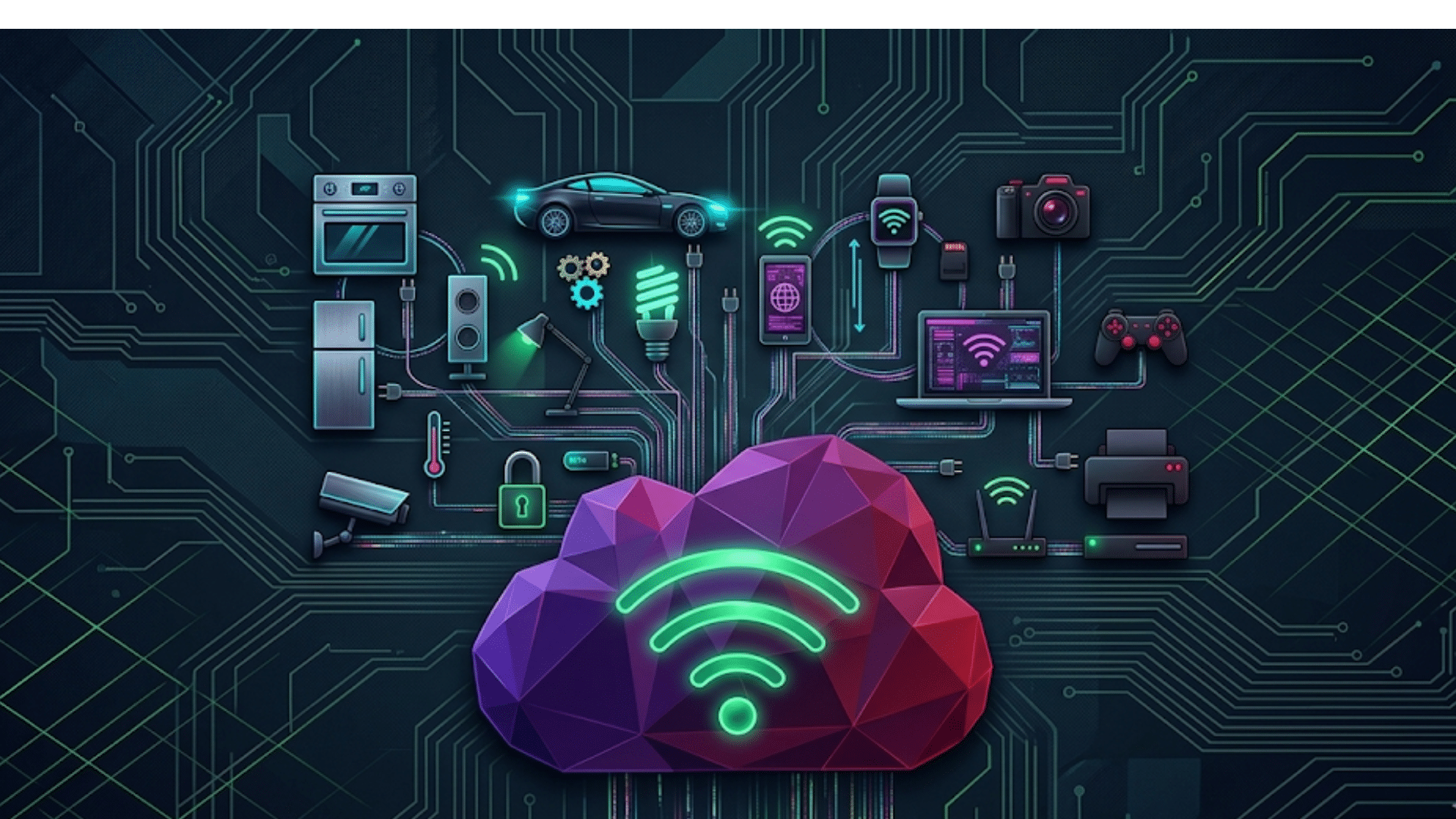 illustration of cloud connected smart devices including car camera phone laptop and appliances