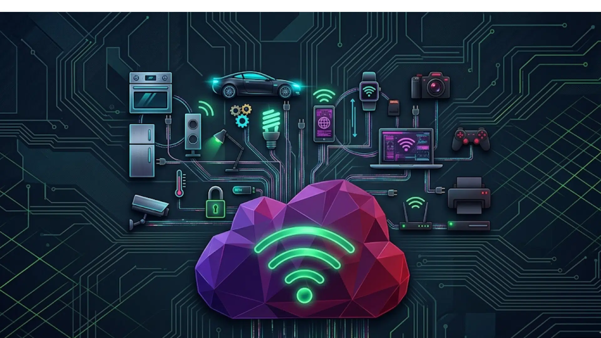 illustration of cloud connected smart devices including car camera phone laptop and appliances