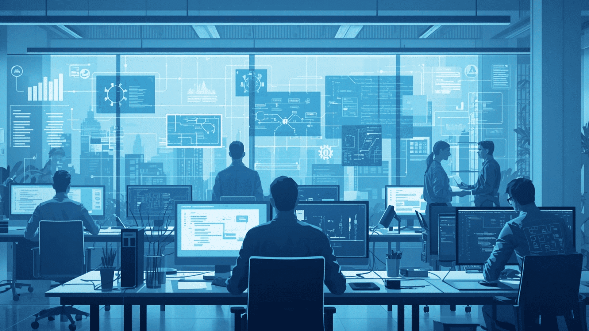 illustration of developers working at computers in modern office with data screens showing software testing strategies workflow