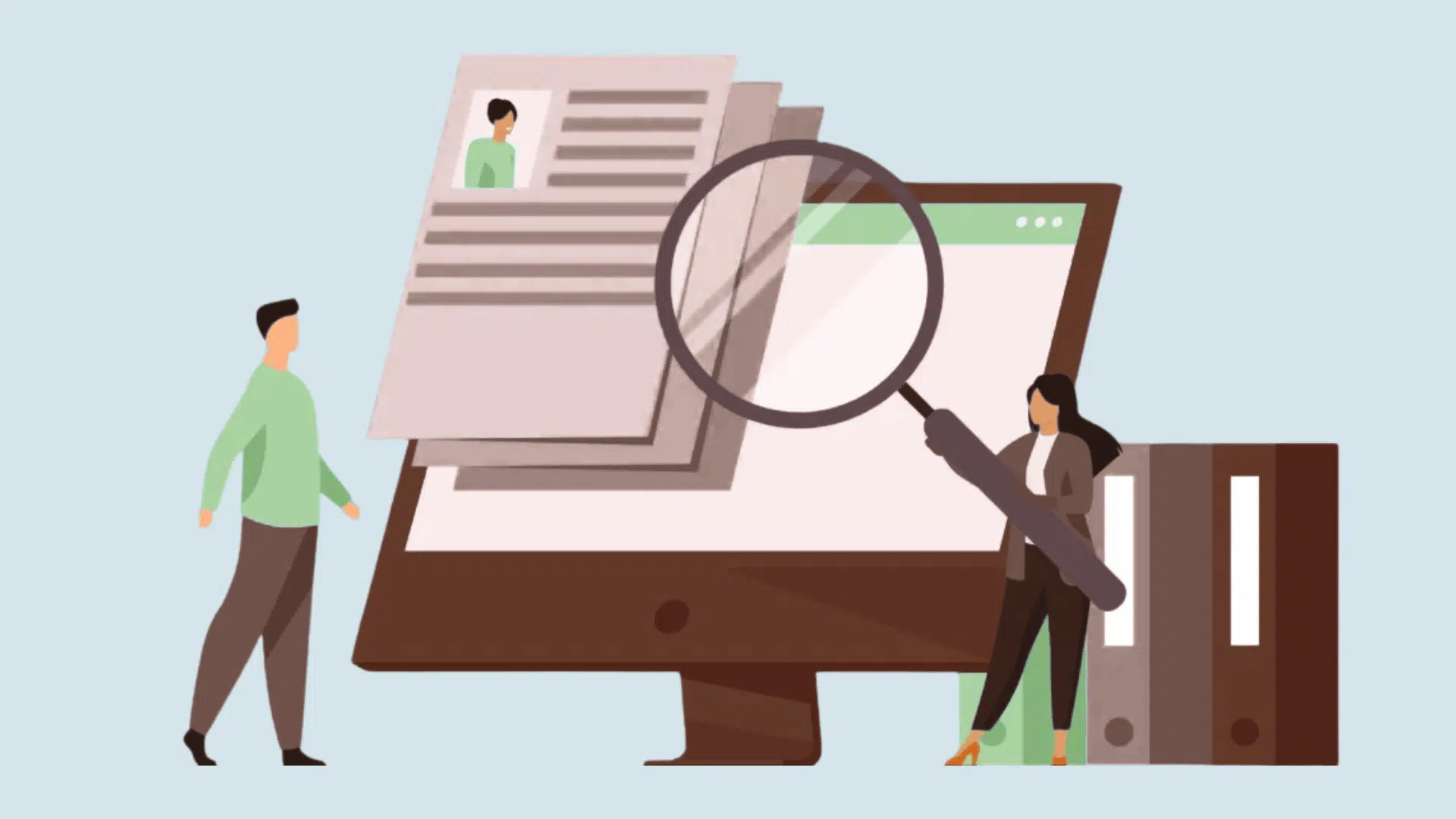 illustration of people reviewing digital documents on a computer screen using a magnifying glass for tracking and analysis
