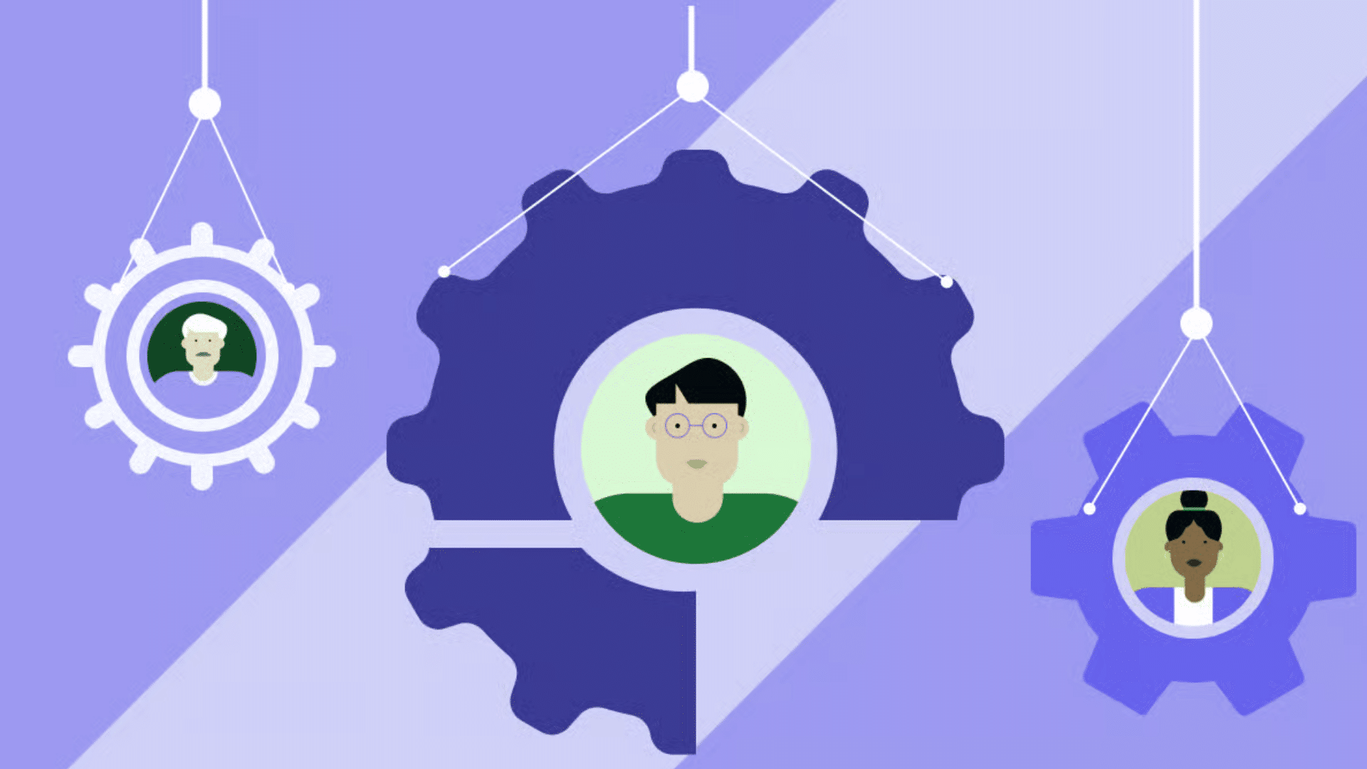 illustration of workers inside hanging gear icons showing teamwork management and employee coordination