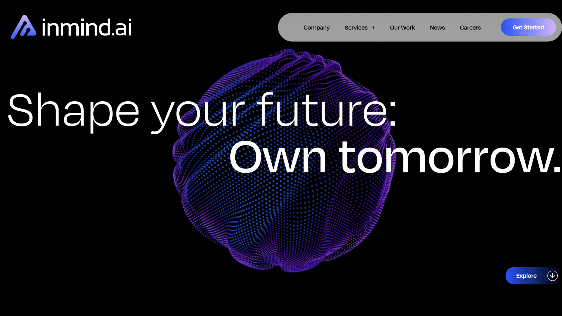 inmind ai homepage with futuristic digital design and technology services for modern businesses