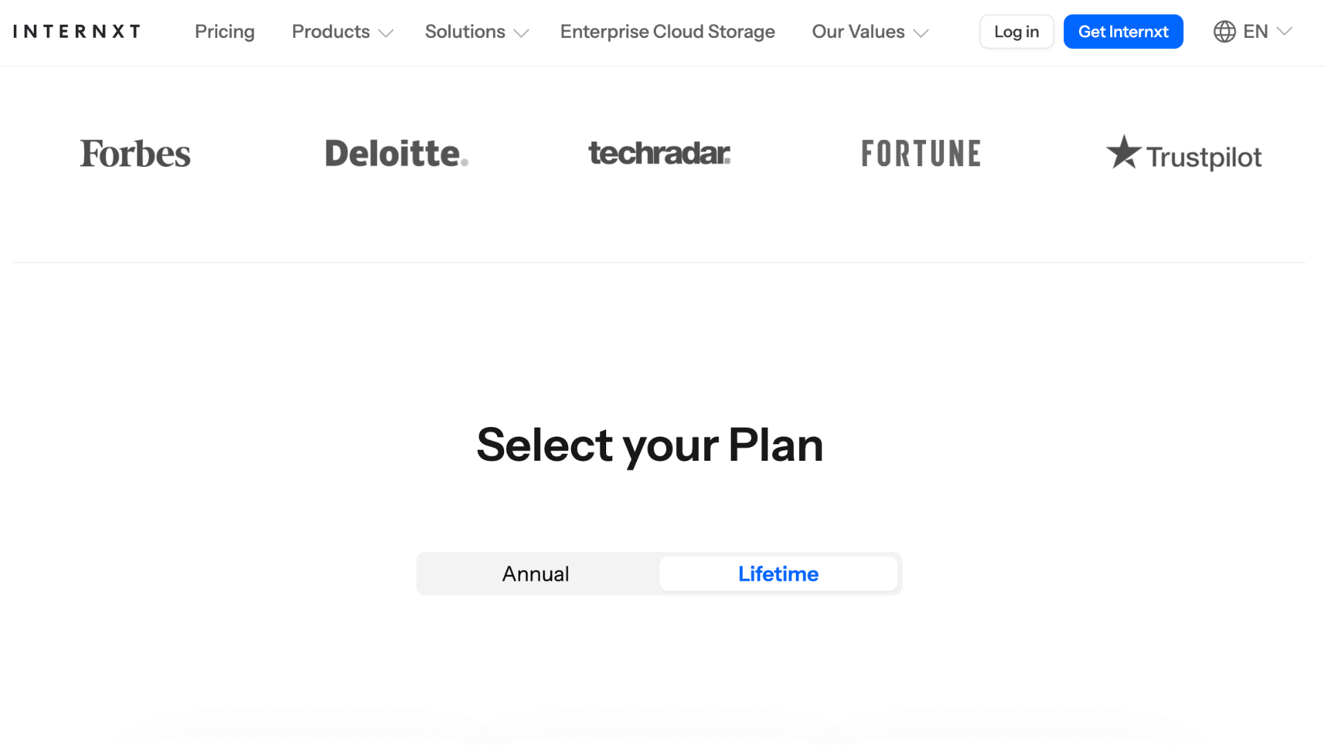 internxt webpage showing featured partner logos and a selection for annual or lifetime storage plans