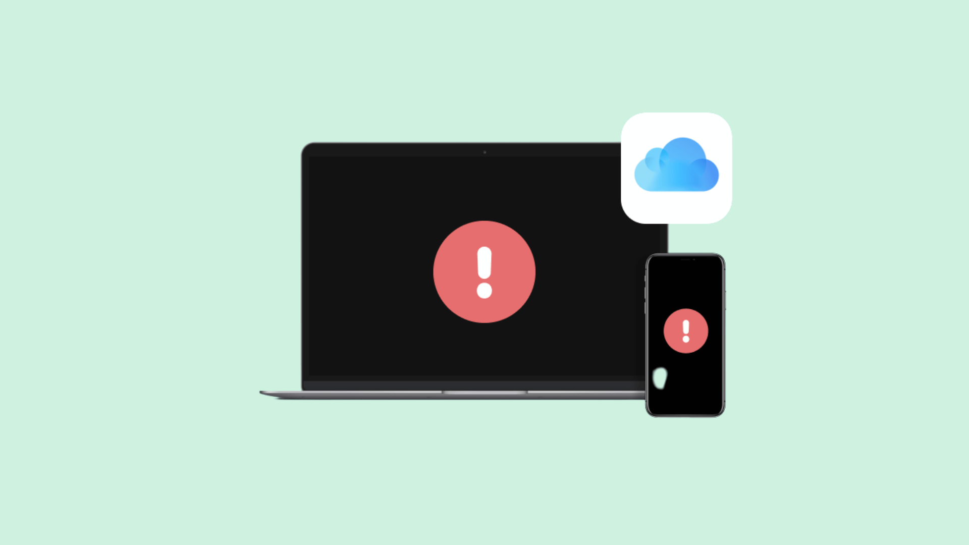 iphone and laptop showing syncing with icloud paused warning and icloud icon on blue background