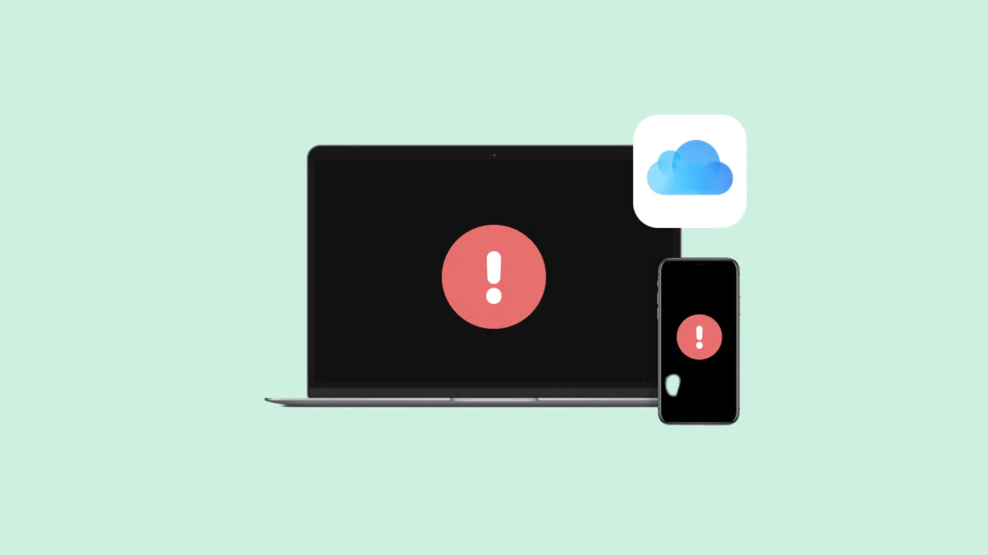 iphone and laptop showing syncing with icloud paused warning and icloud icon on blue background