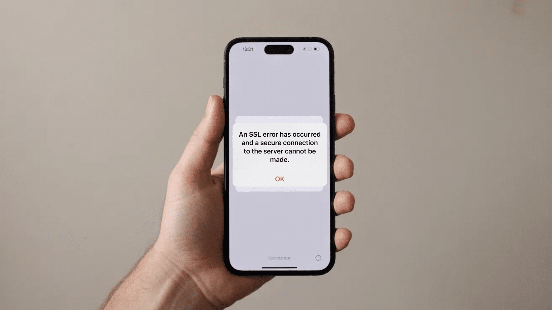 iphone screen displaying ssl error message stating secure connection to the server cannot be made