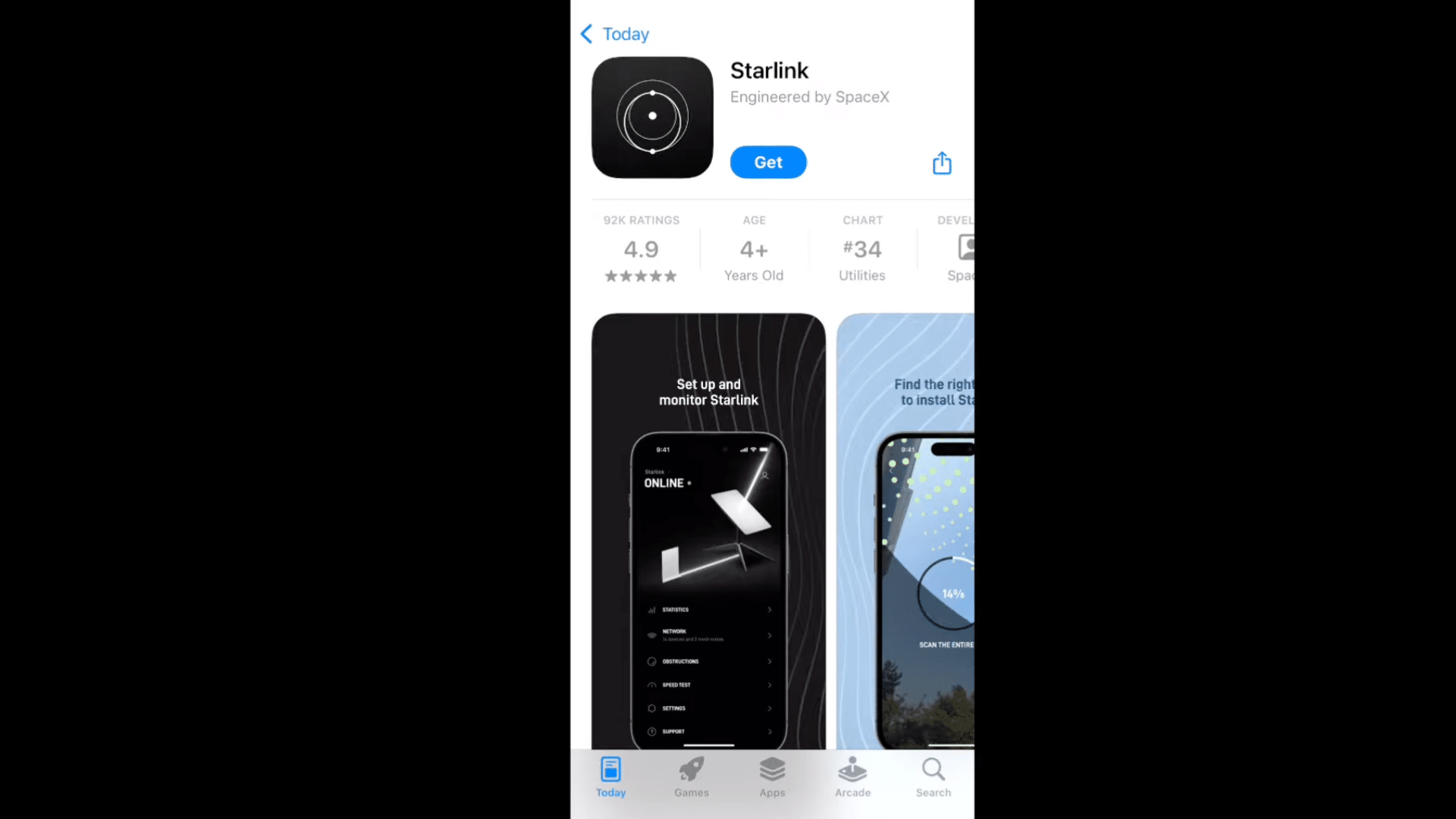 iphone screen showing starlink app download page with setup and monitoring features displayed
