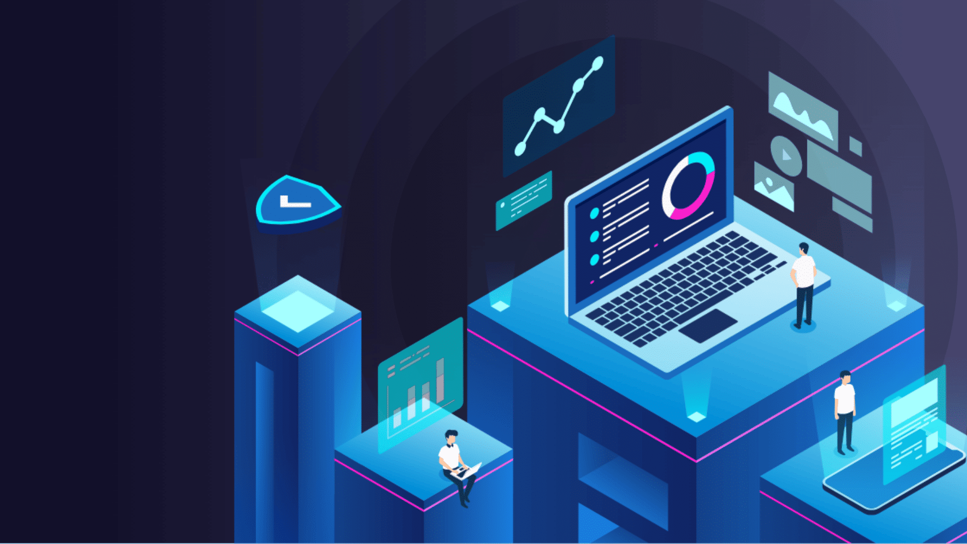 isometric dashboard with laptop charts and workers managing business data on digital platforms