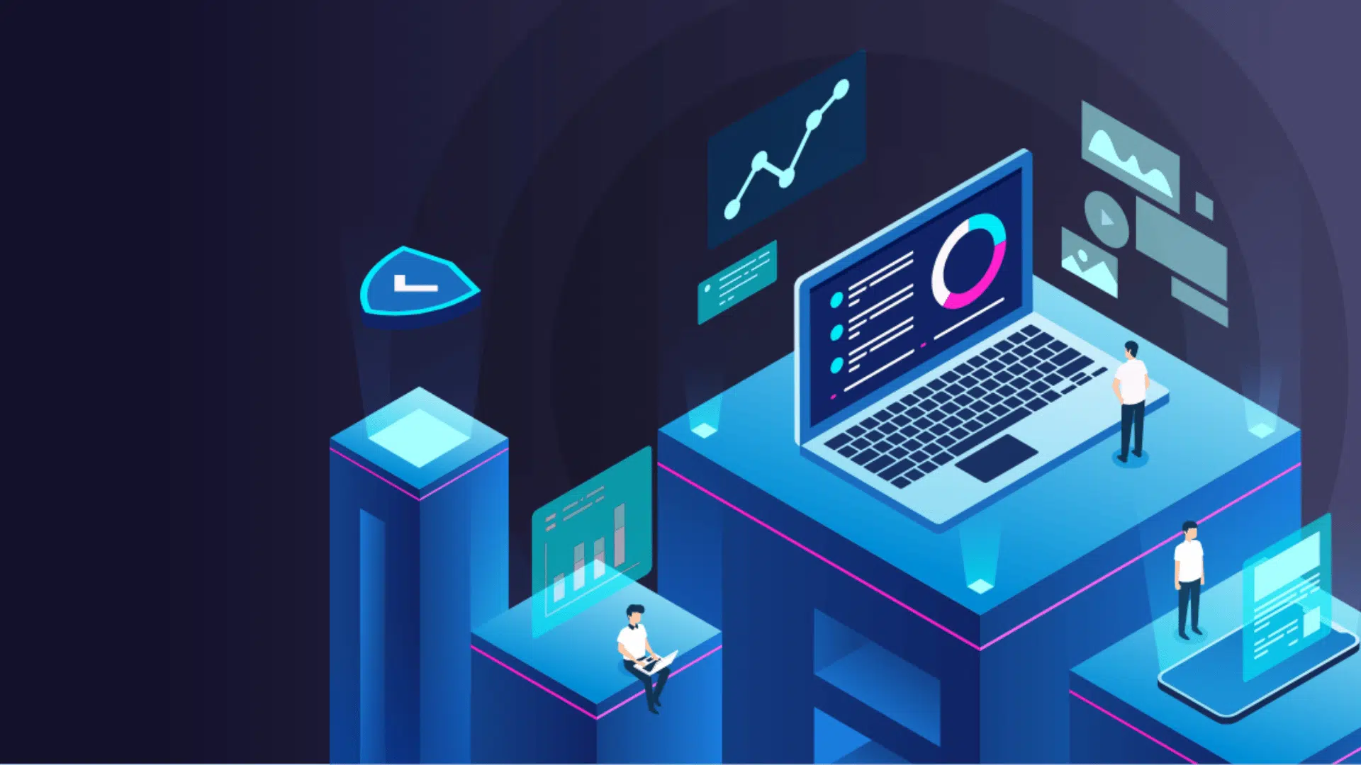isometric dashboard with laptop charts and workers managing business data on digital platforms