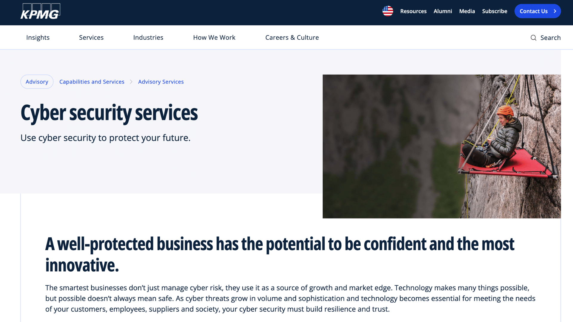 kpmg cybersecurity services webpage featuring digital protection solutions and a climber resting on a cliff wall