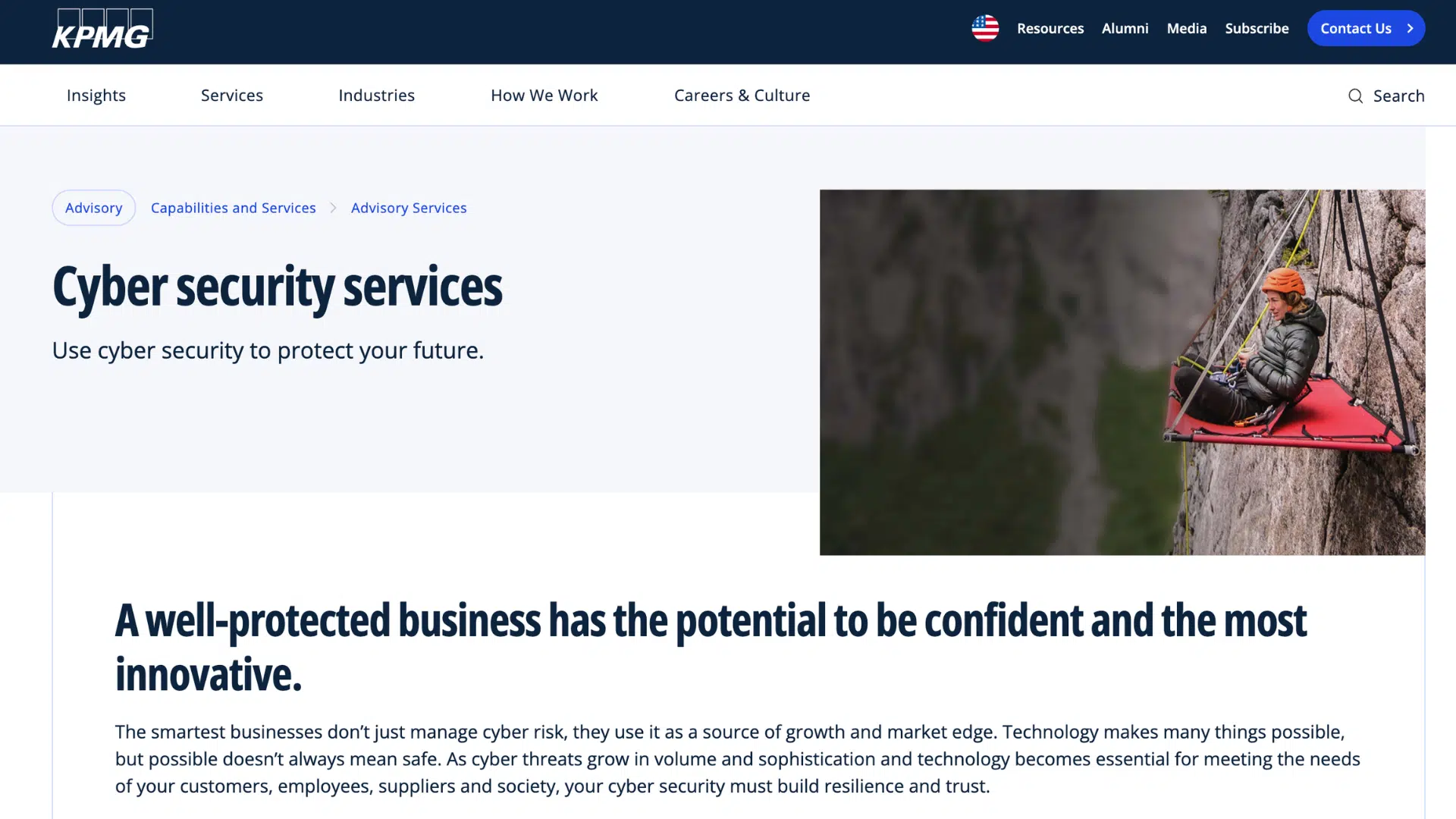 kpmg cybersecurity services webpage featuring digital protection solutions and a climber resting on a cliff wall