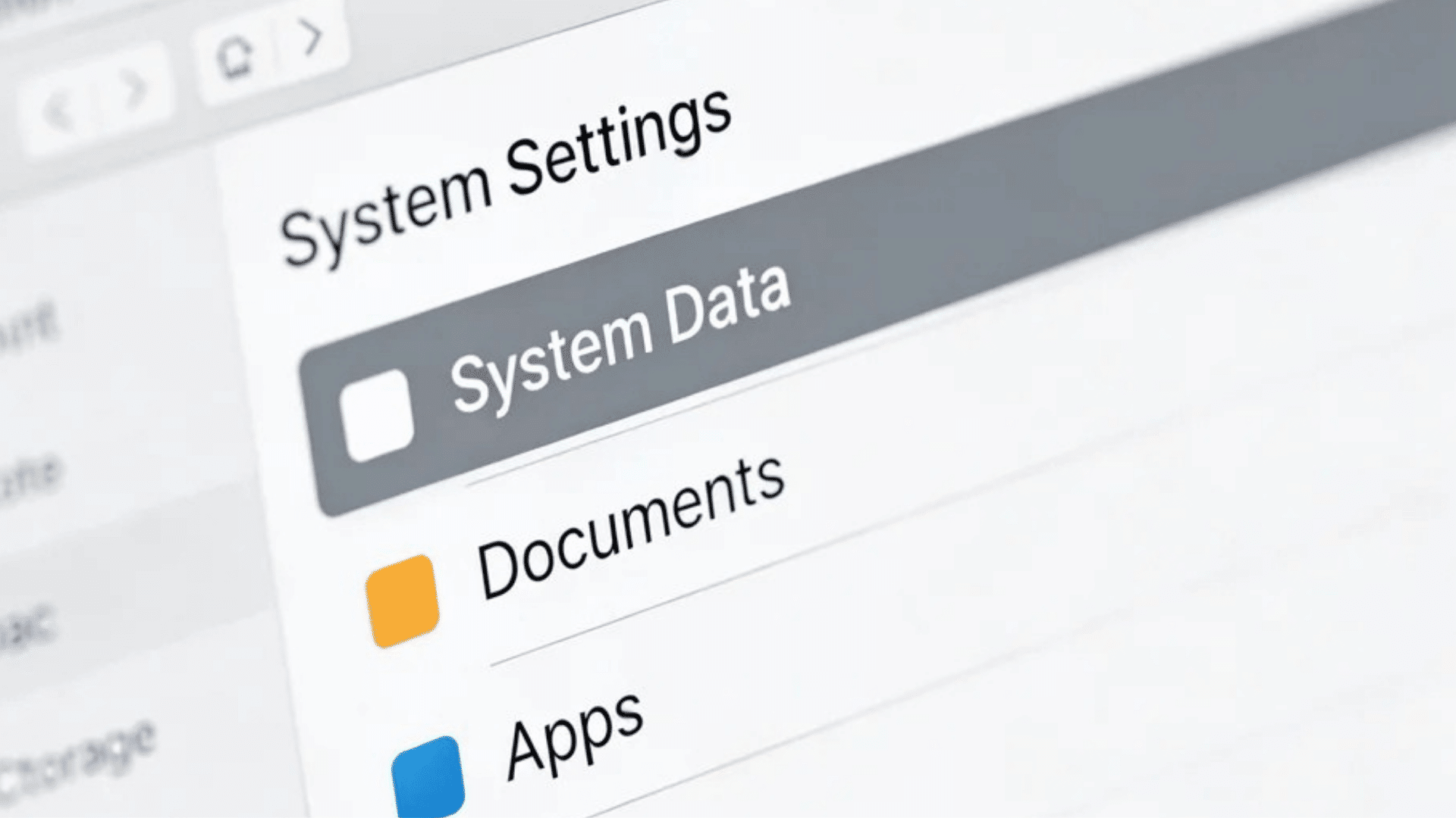 mac screen showing system settings with system data highlighted indicating storage usage on a computer display