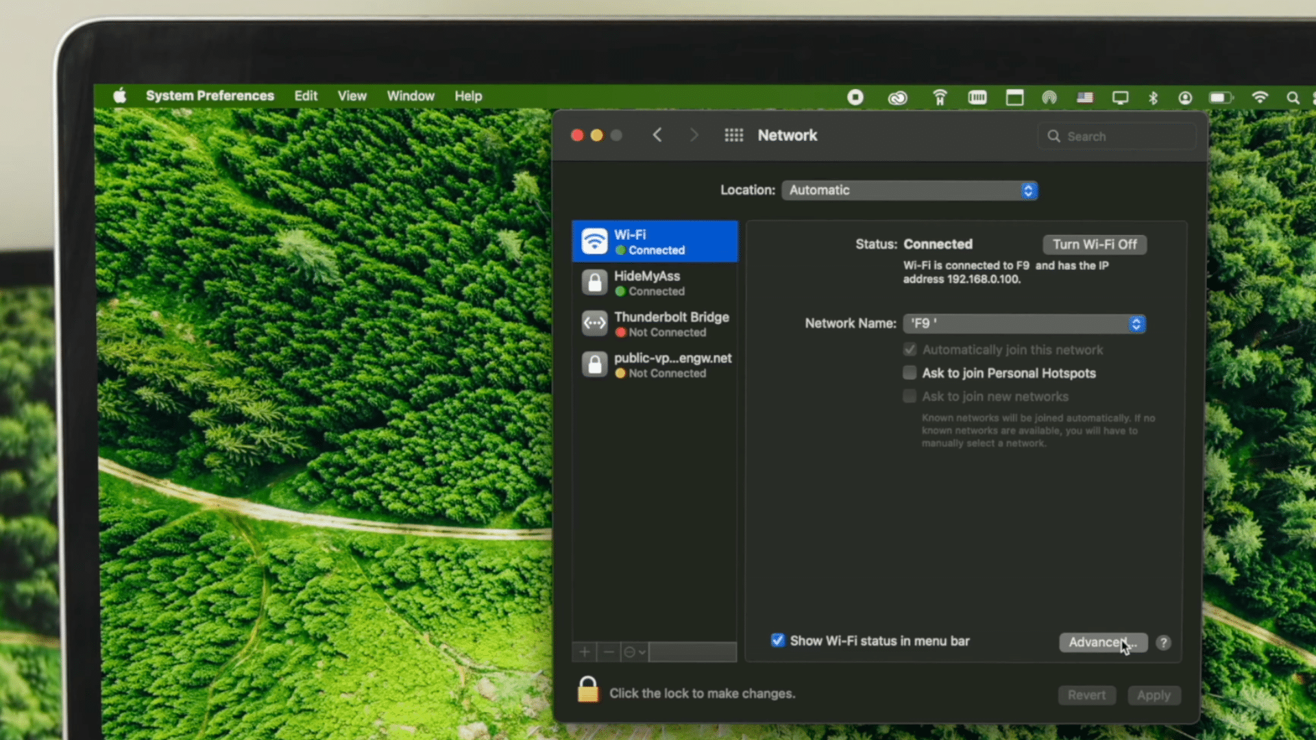 macbook network settings window showing connected wifi details with advanced button highlighted over green forest wallpaper background