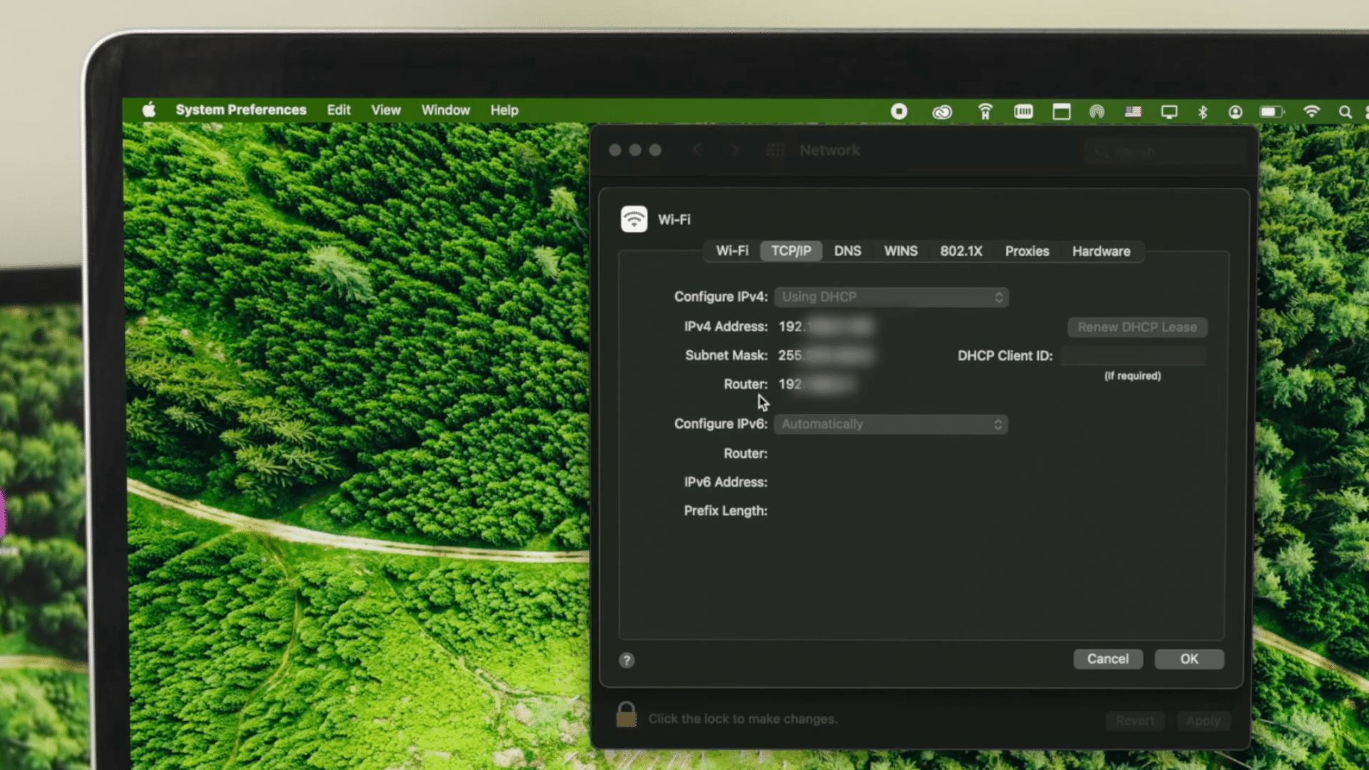 macbook wifi tcpip settings window displaying ipv4 address subnet mask and router details over green forest wallpaper background