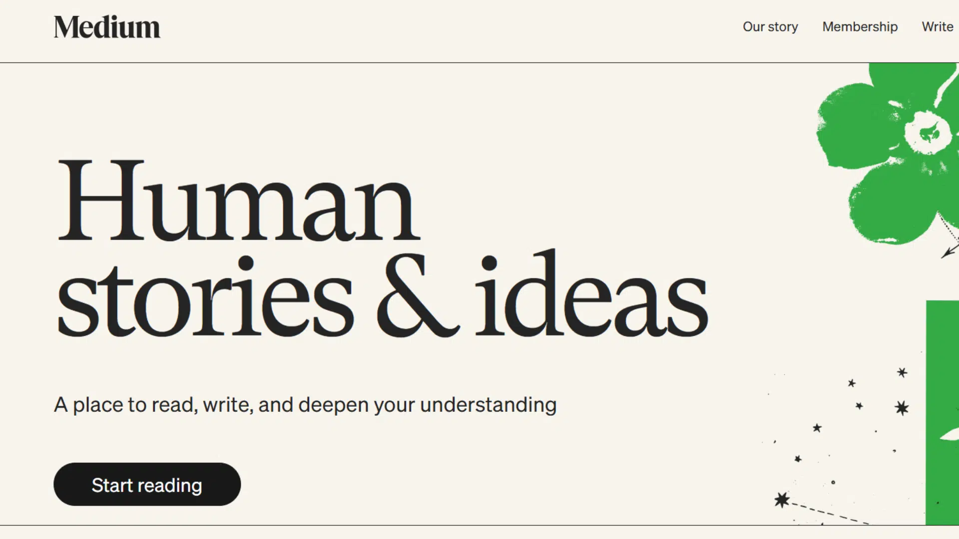 medium homepage showing writing platform with reading stories ideas and publishing features