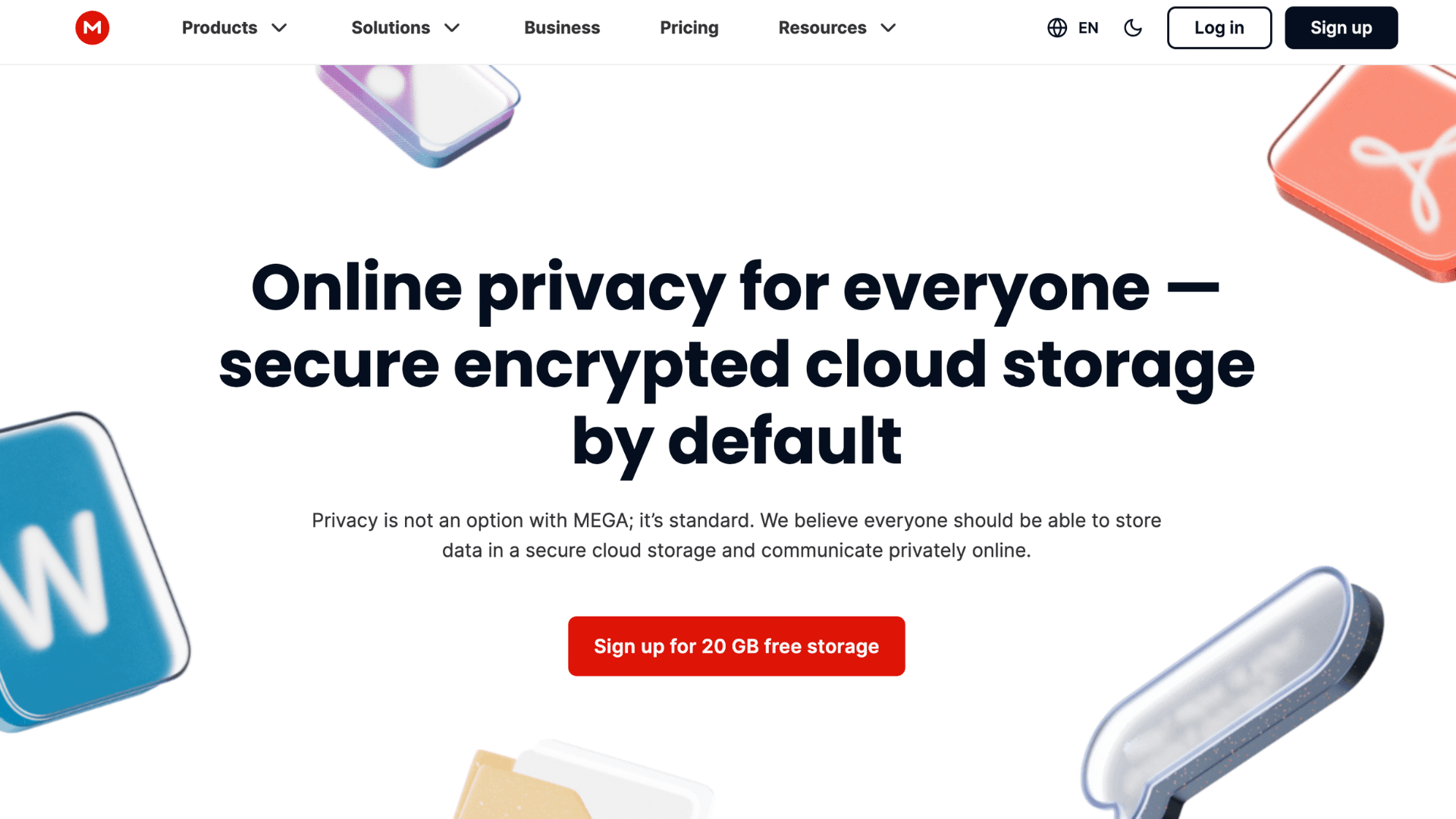 mega webpage advertising secure encrypted cloud storage with a red button to sign up for free storage