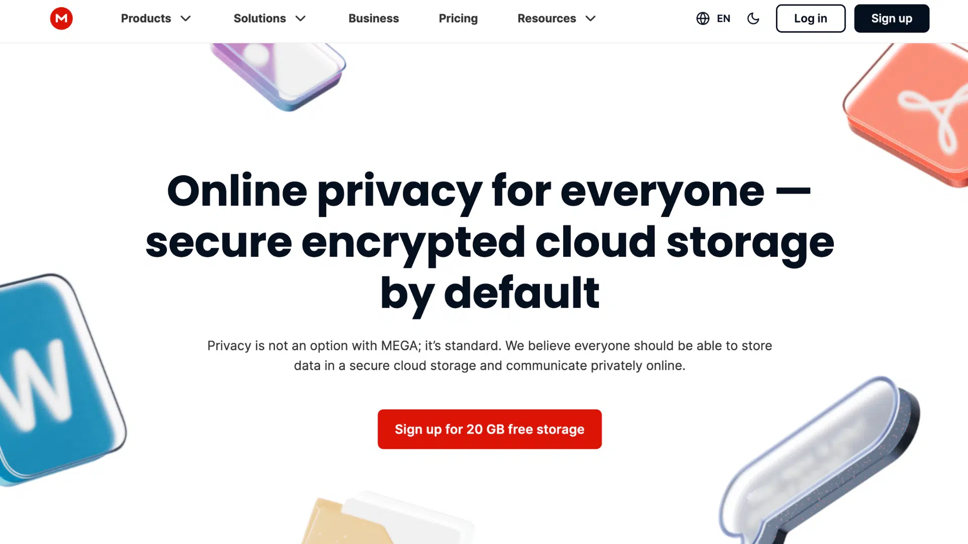 mega webpage advertising secure encrypted cloud storage with a red button to sign up for free storage