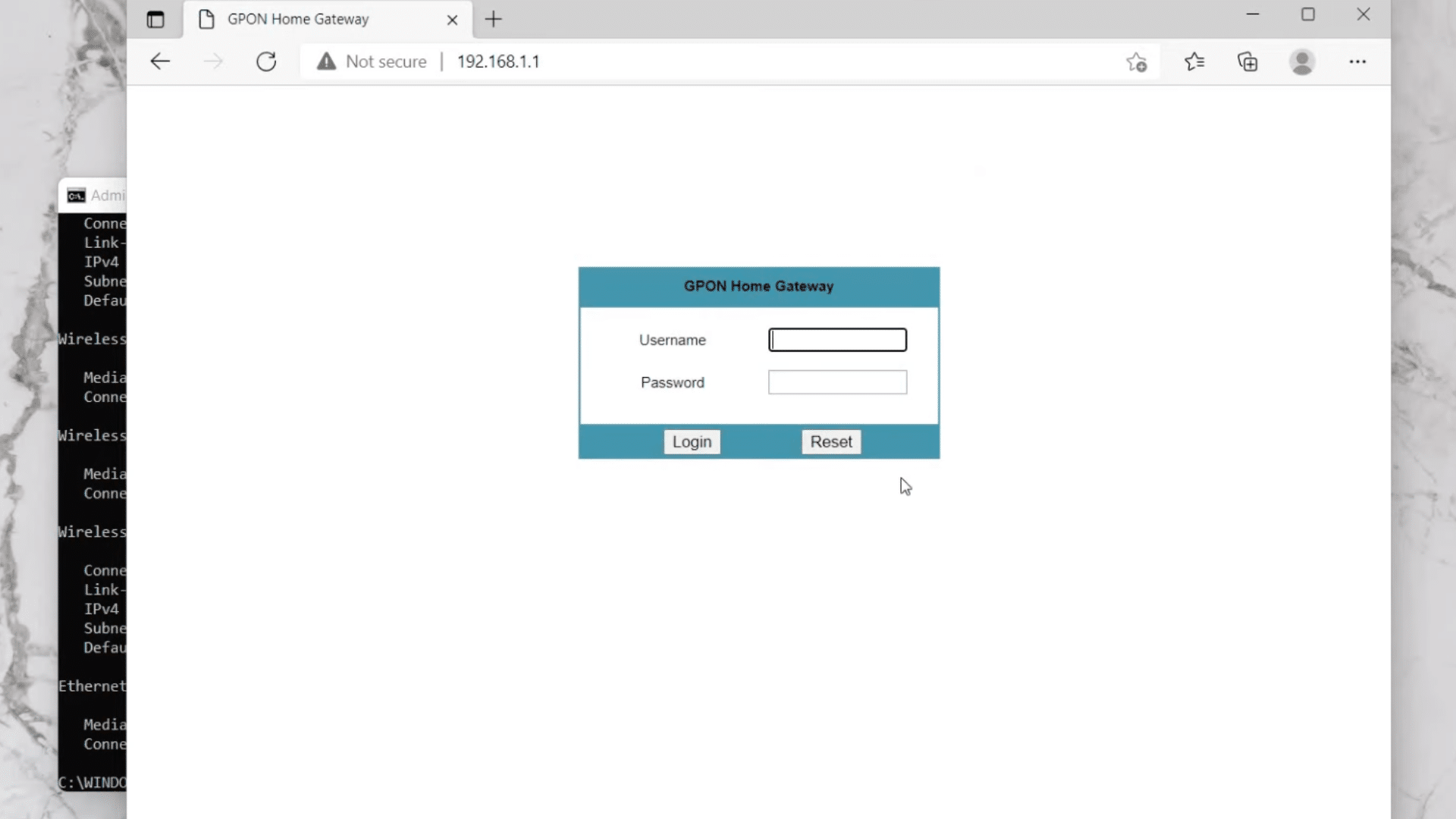microsoft edge browser displaying gpon home gateway login page with username and password fields at 19216811 address