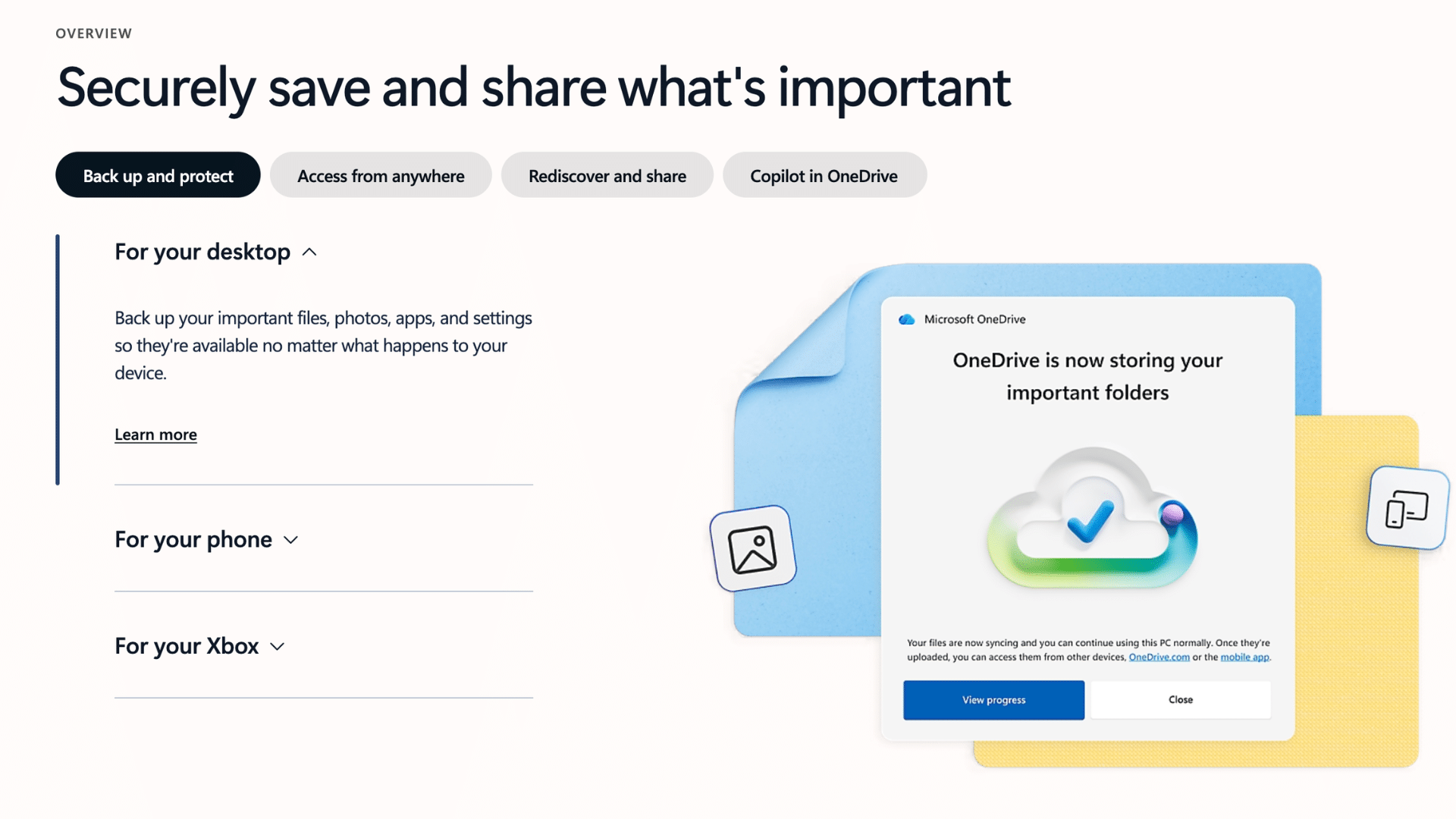 microsoft onedrive webpage explaining backup and protection features for desktop phone and xbox devices