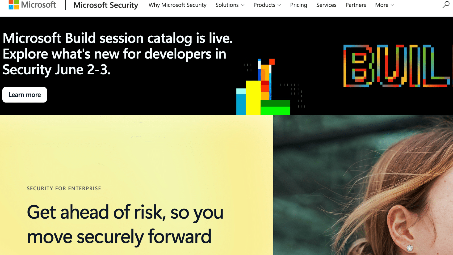 microsoft security homepage promoting build developer sessions with colorful digital graphics and enterprise security message