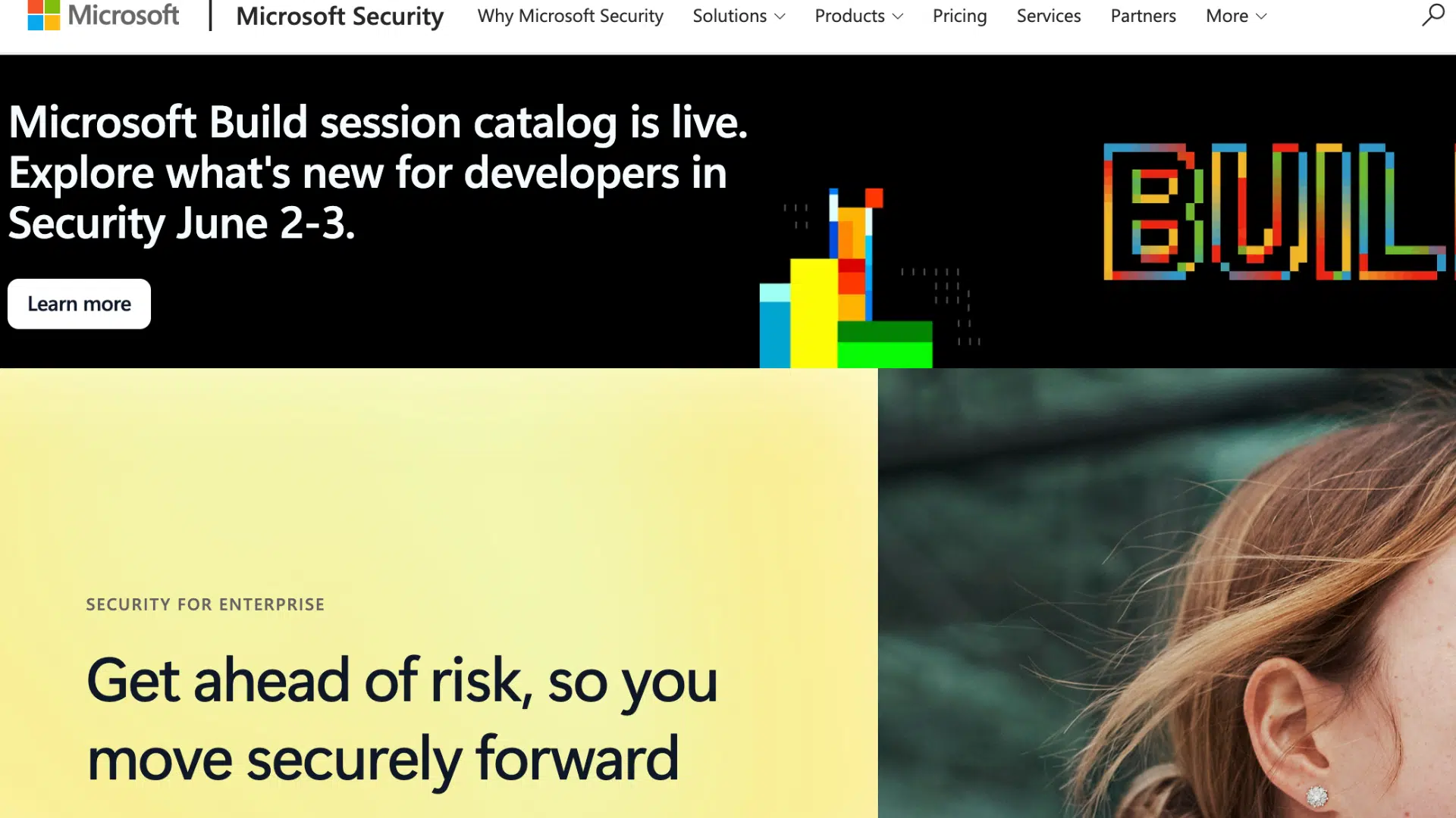 microsoft security homepage promoting build developer sessions with colorful digital graphics and enterprise security message